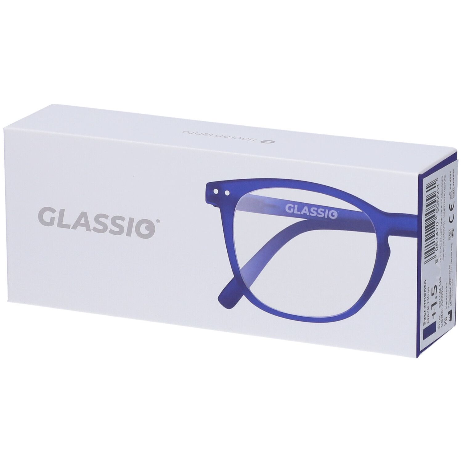Astuccio con occhiali. Occhiali blu con +1,5 diottrie. GLASSio è scritto sulla confezione.