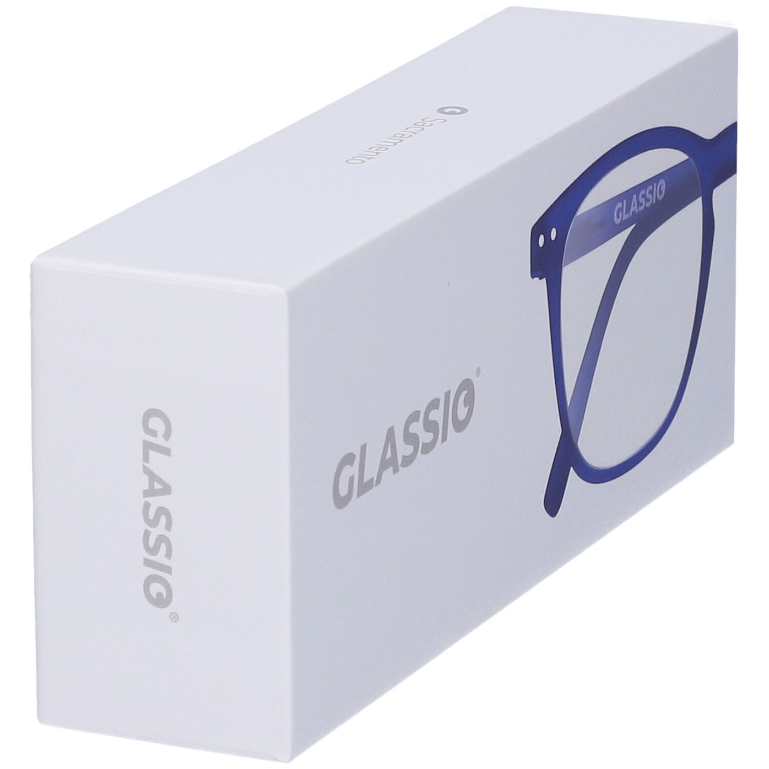 Astuccio con logo GLASSio. Sulla confezione è raffigurato un paio di occhiali blu.