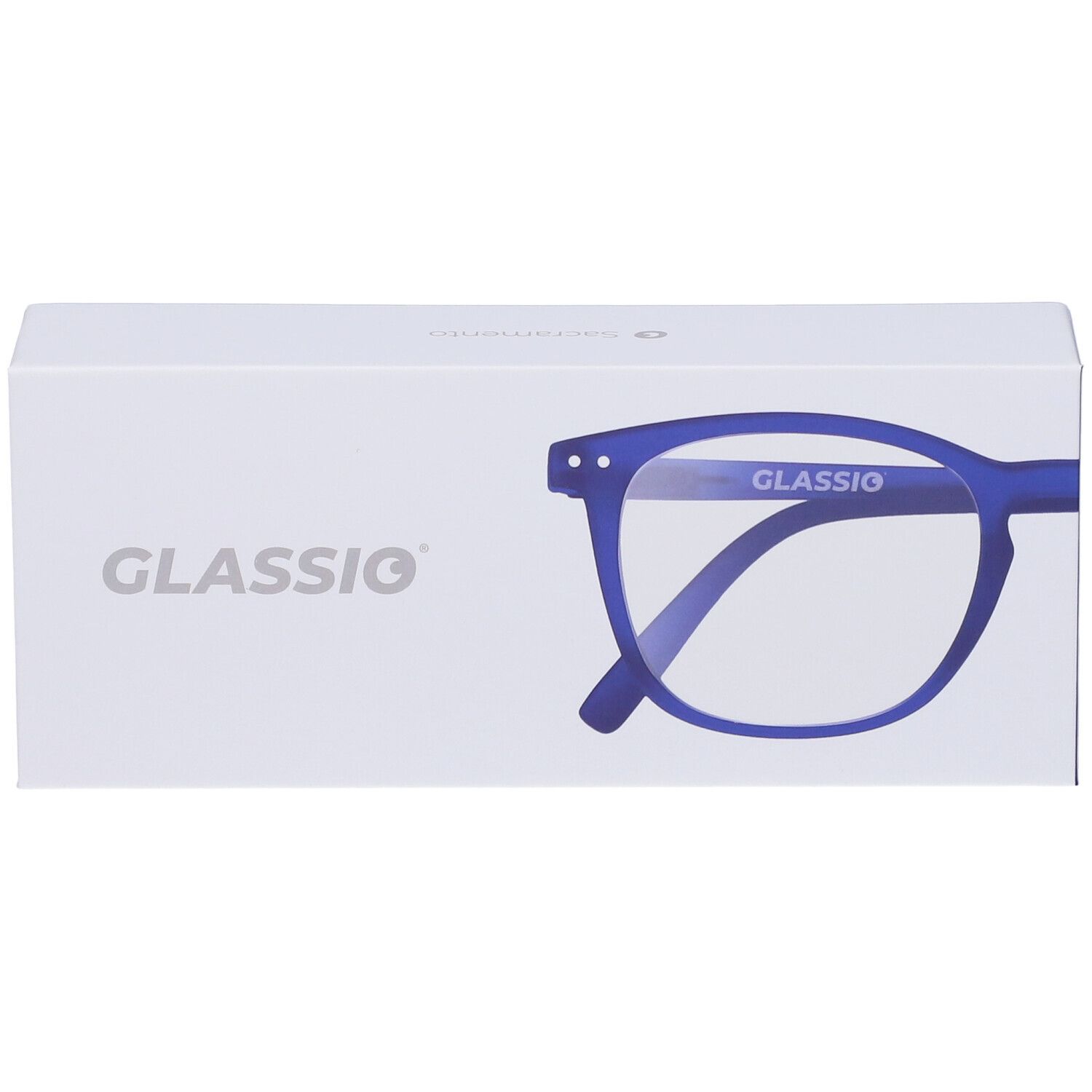 Astuccio con occhiali. Occhiali blu con +1,5 diottrie. GLASSio è scritto sulla confezione.