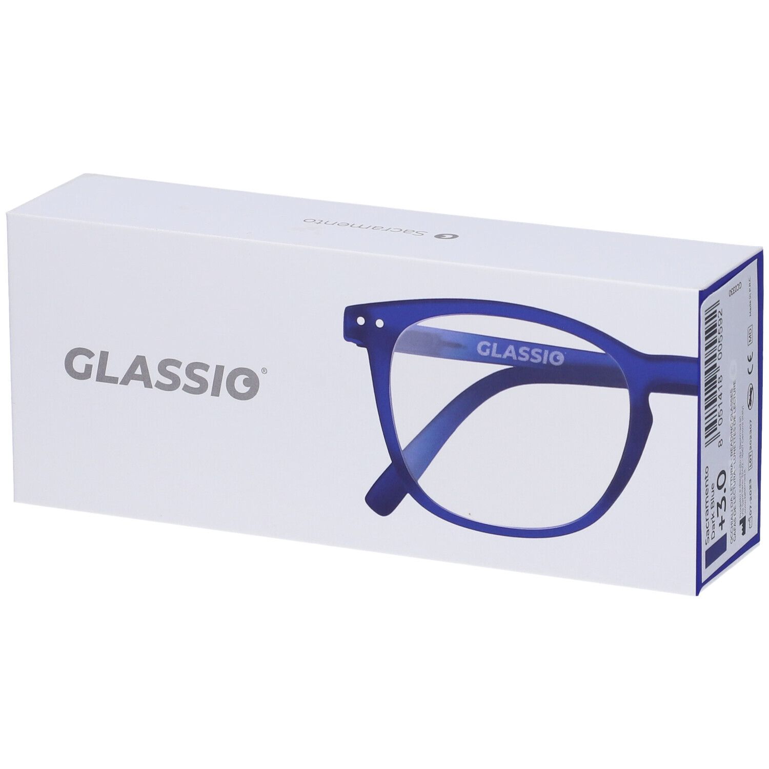 Confezione bianca con occhiali blu scuro. Scritta GLASSiO. Occhiali parzialmente visibili.
