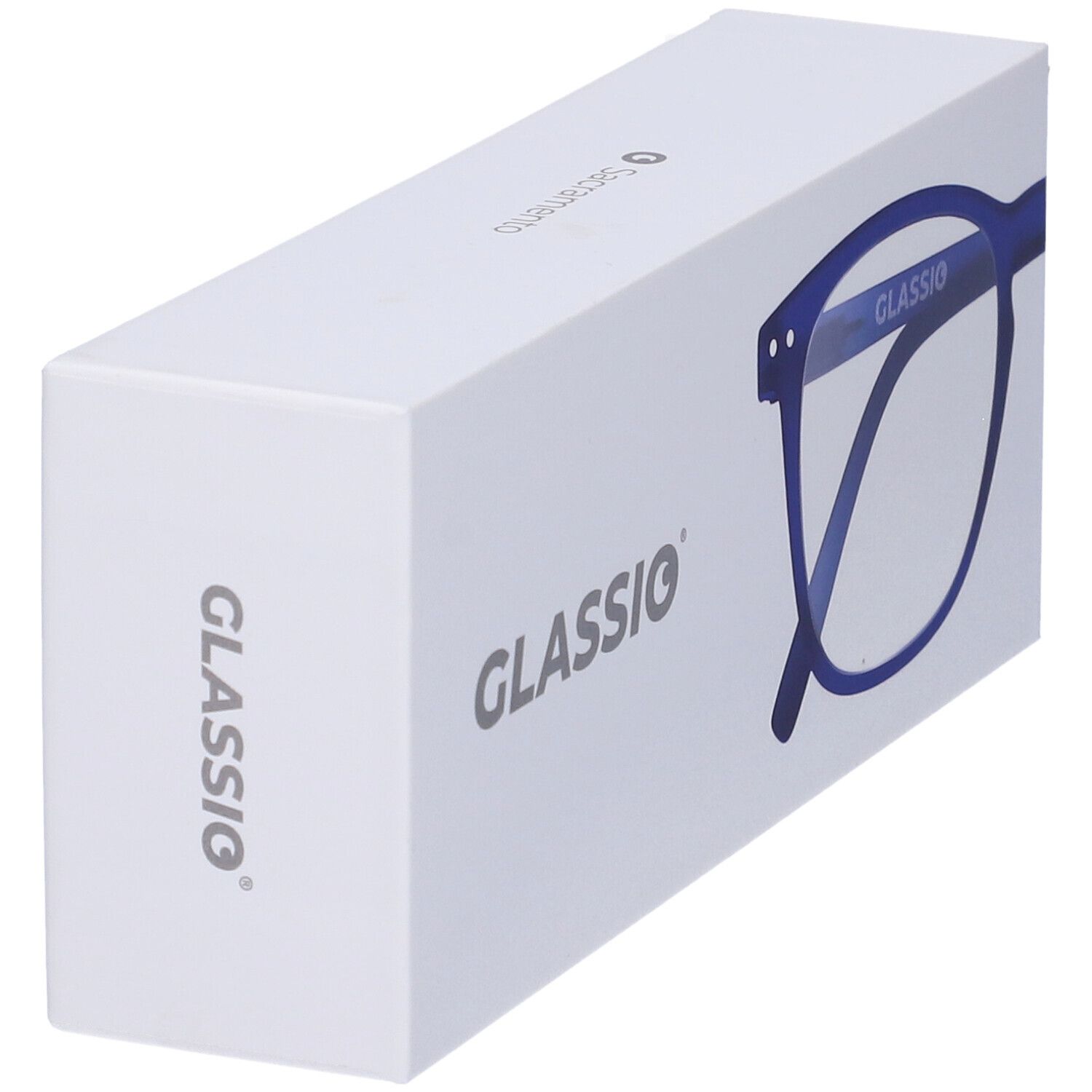 Confezione bianca con occhiali blu scuro. Scritta GLASSiO. Occhiali parzialmente visibili.