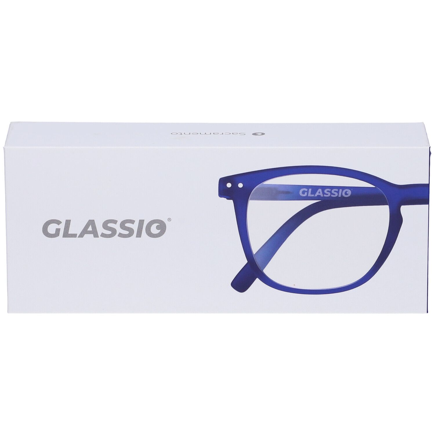 Confezione bianca con occhiali blu scuro. Scritta GLASSiO. Occhiali parzialmente visibili.