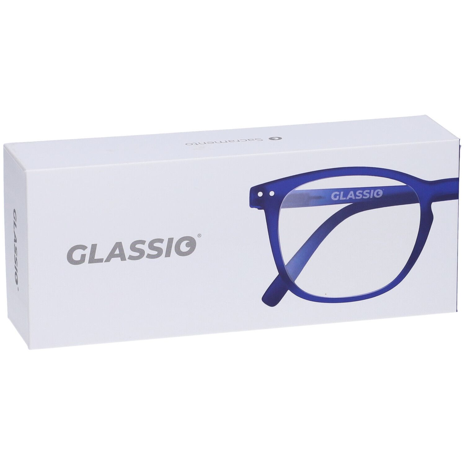 Confezione bianca con occhiali blu scuro. Scritta GLASSiO. Occhiali parzialmente visibili.