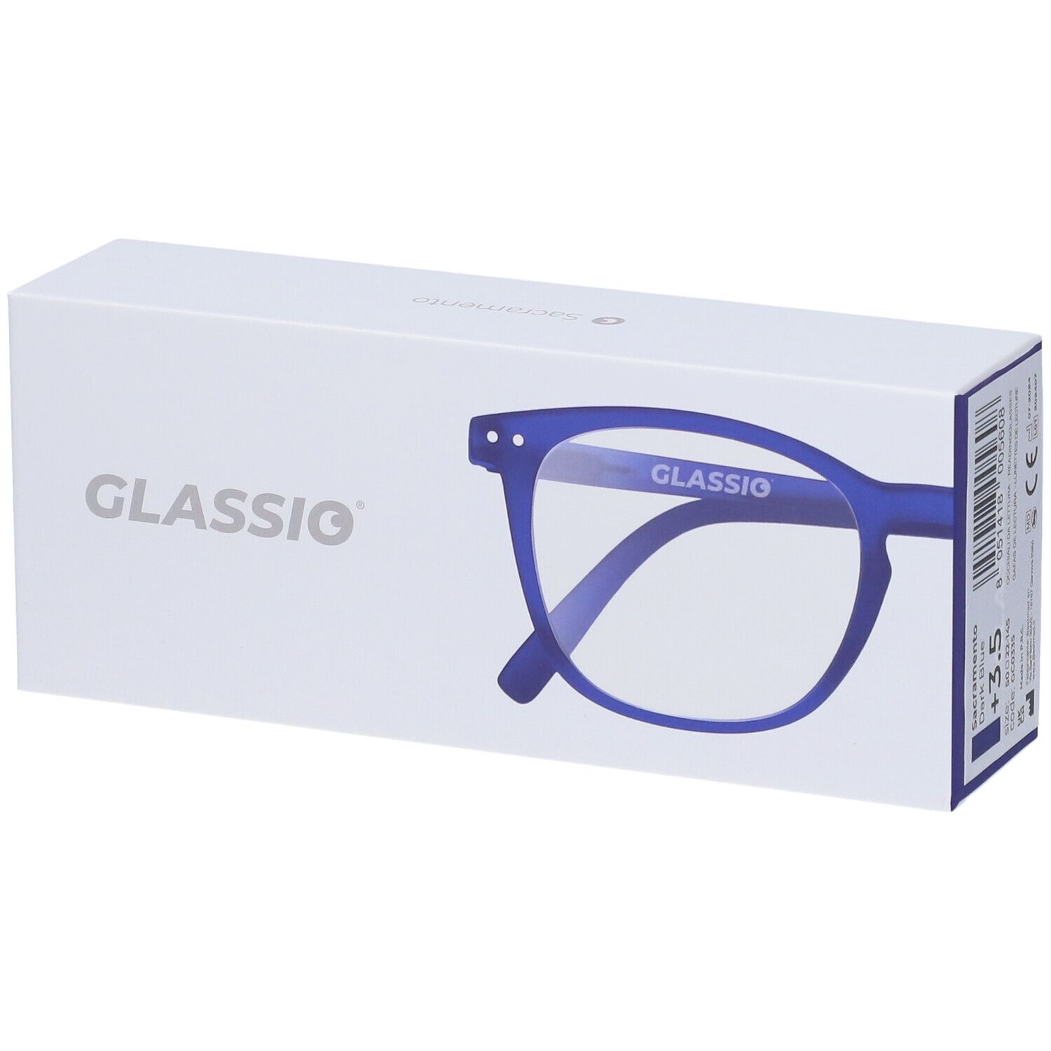 Occhiali Glassio blu scuro +3,5 nella confezione. Logo Glassio sulla scatola. Disegno degli occhiali sulla confezione.