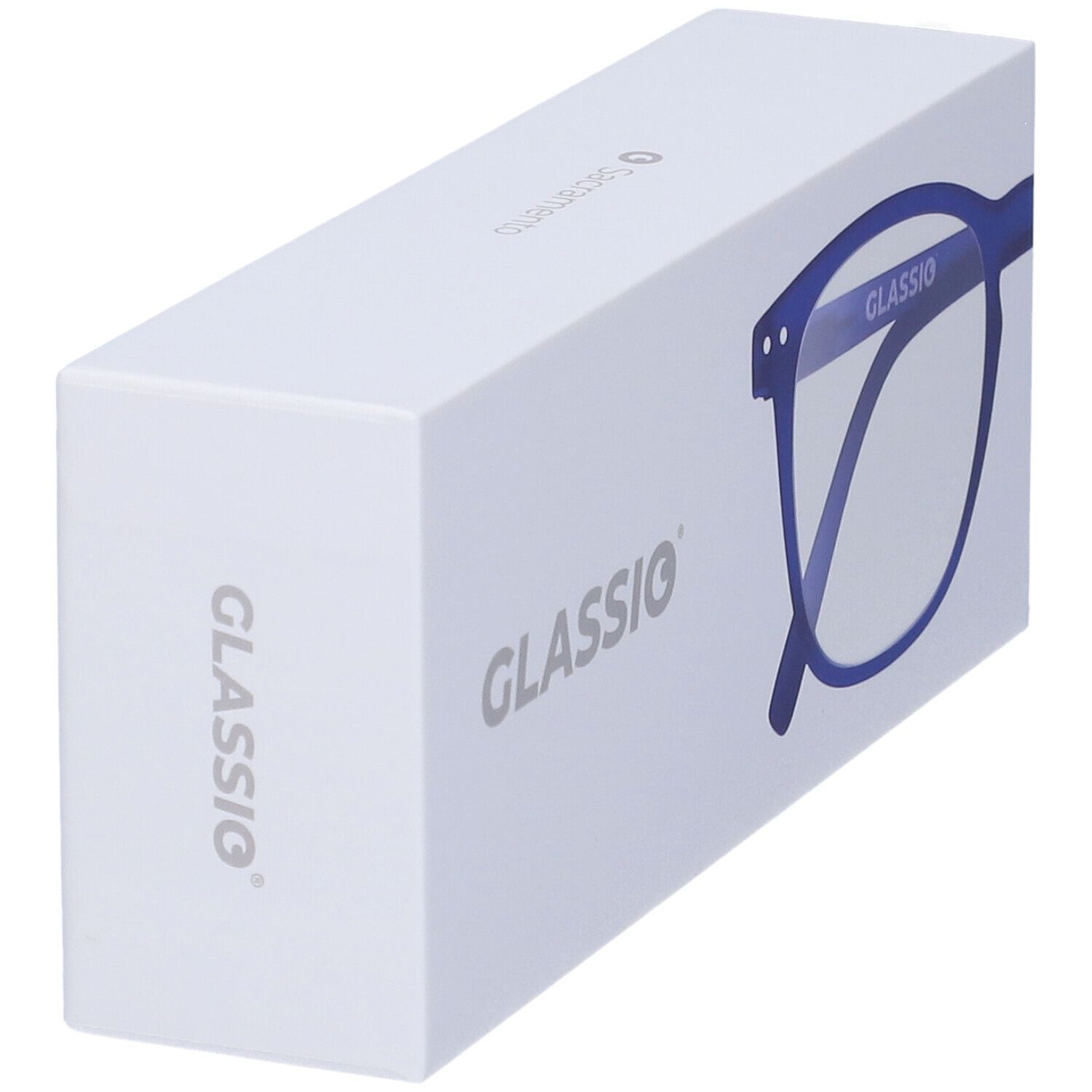 Confezione bianca con logo Glassio. Disegno di occhiali blu sulla scatola. Marchio Glassio visibile.