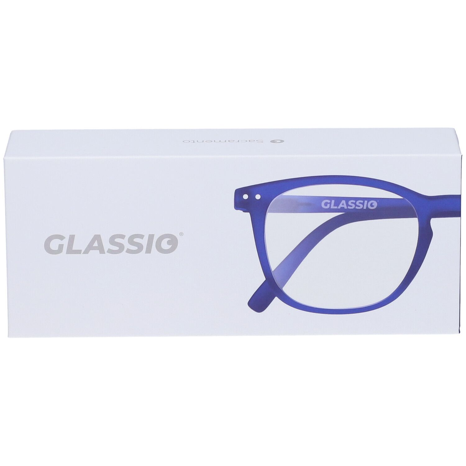 Confezione bianca con logo Glassio. Occhiali blu raffigurati. Marchio Glassio visibile.