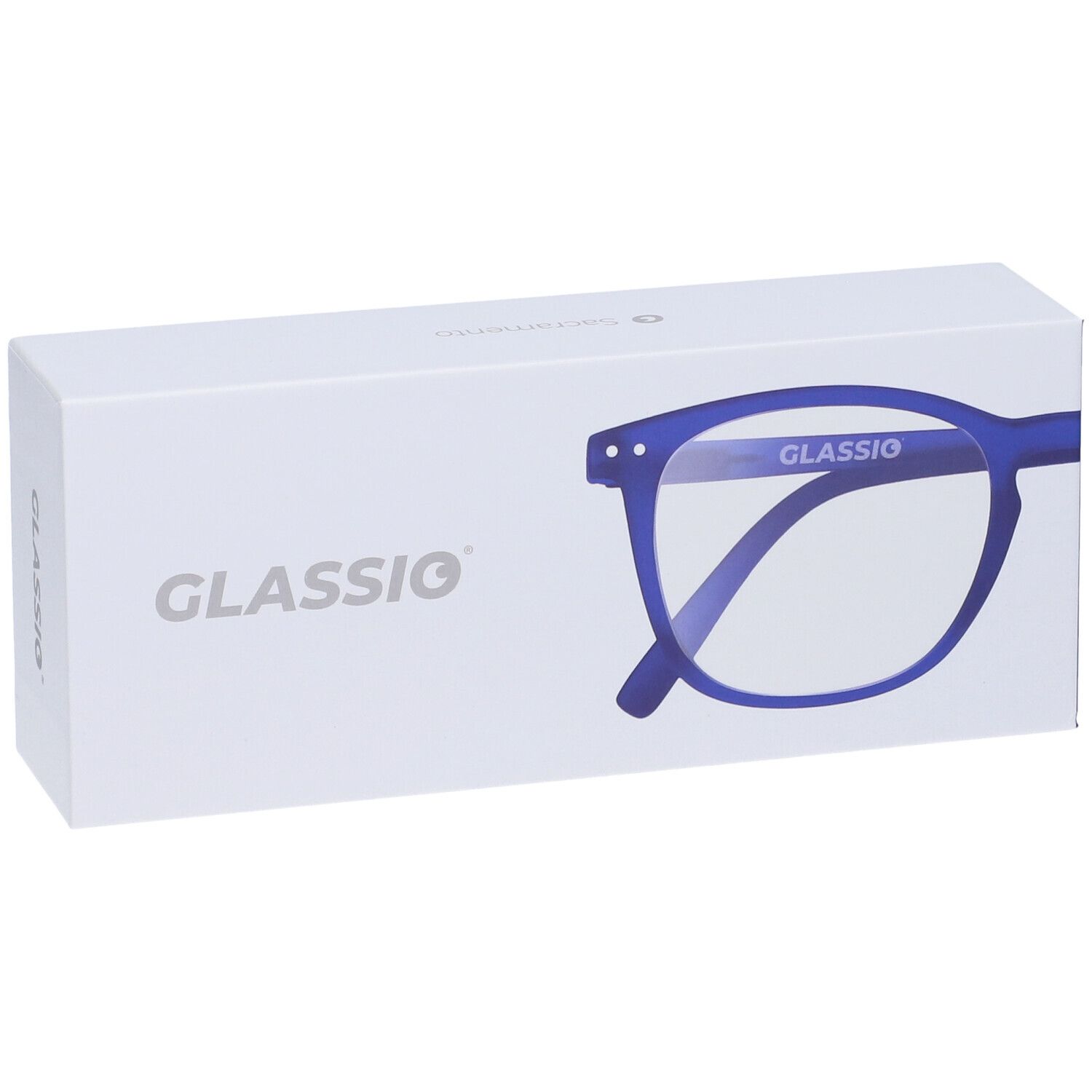Confezione bianca con logo Glassio. Occhiali blu raffigurati. Marchio Glassio visibile.