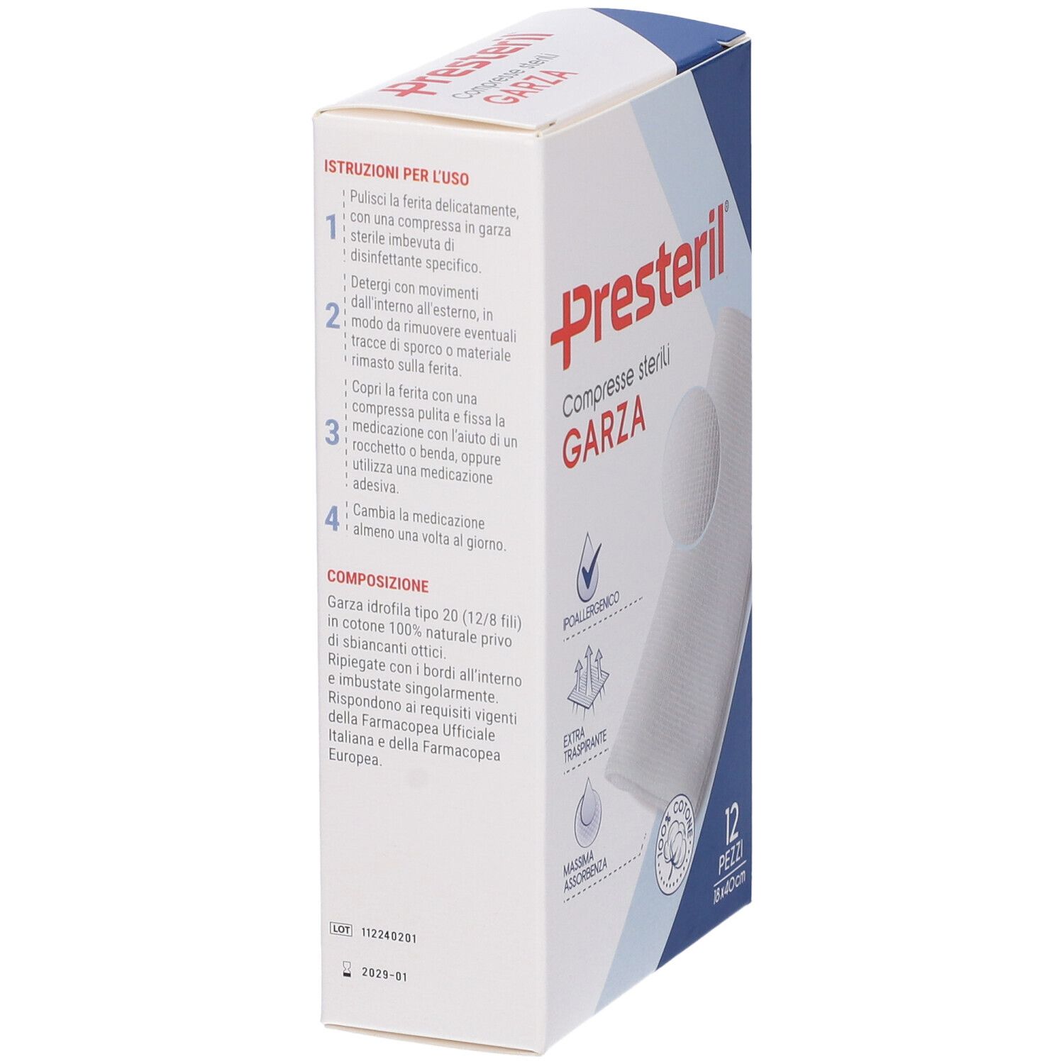 Presteril sterile gauze compresses, 12 pieces, 18x40cm. Hypoallergenic, extra breathable, highly absorbent.