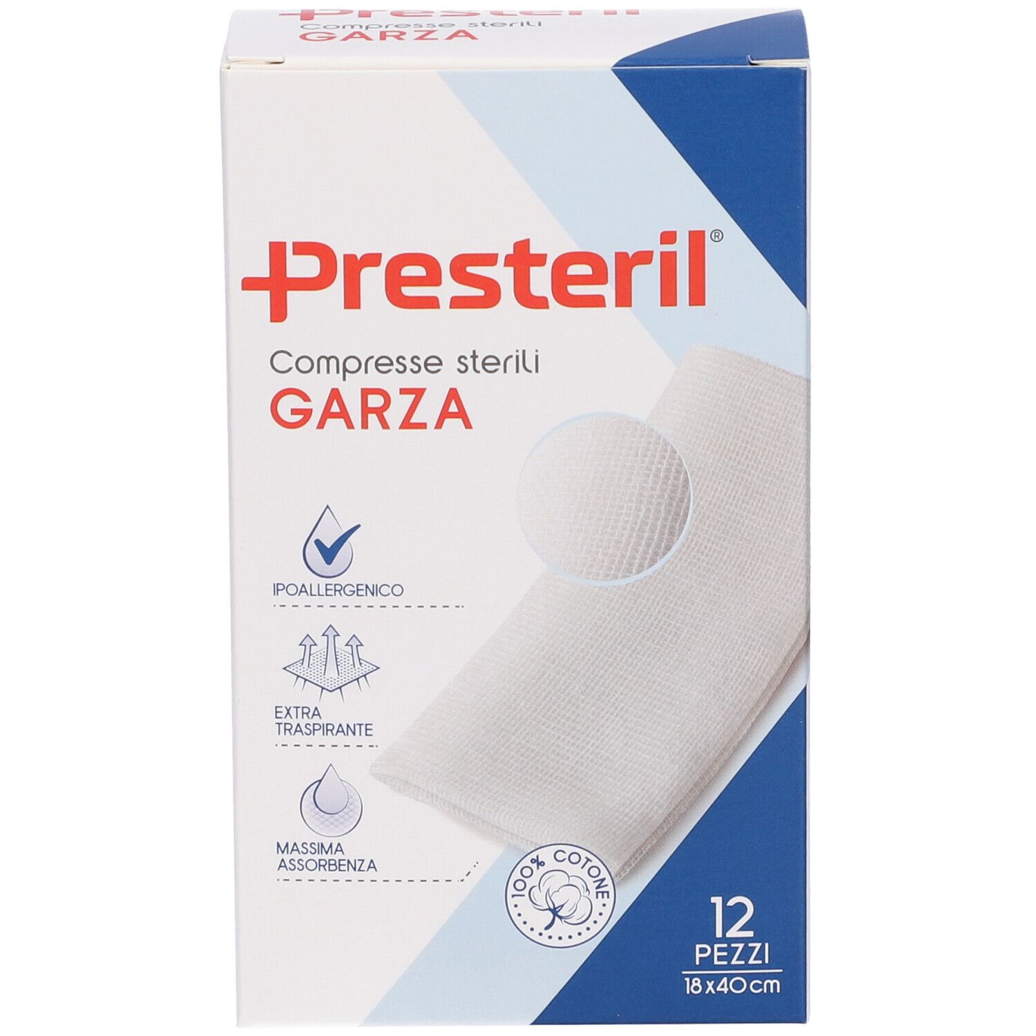 Presteril sterile gauze compresses, 12 pieces, 18x40cm. Hypoallergenic, extra breathable, highly absorbent.