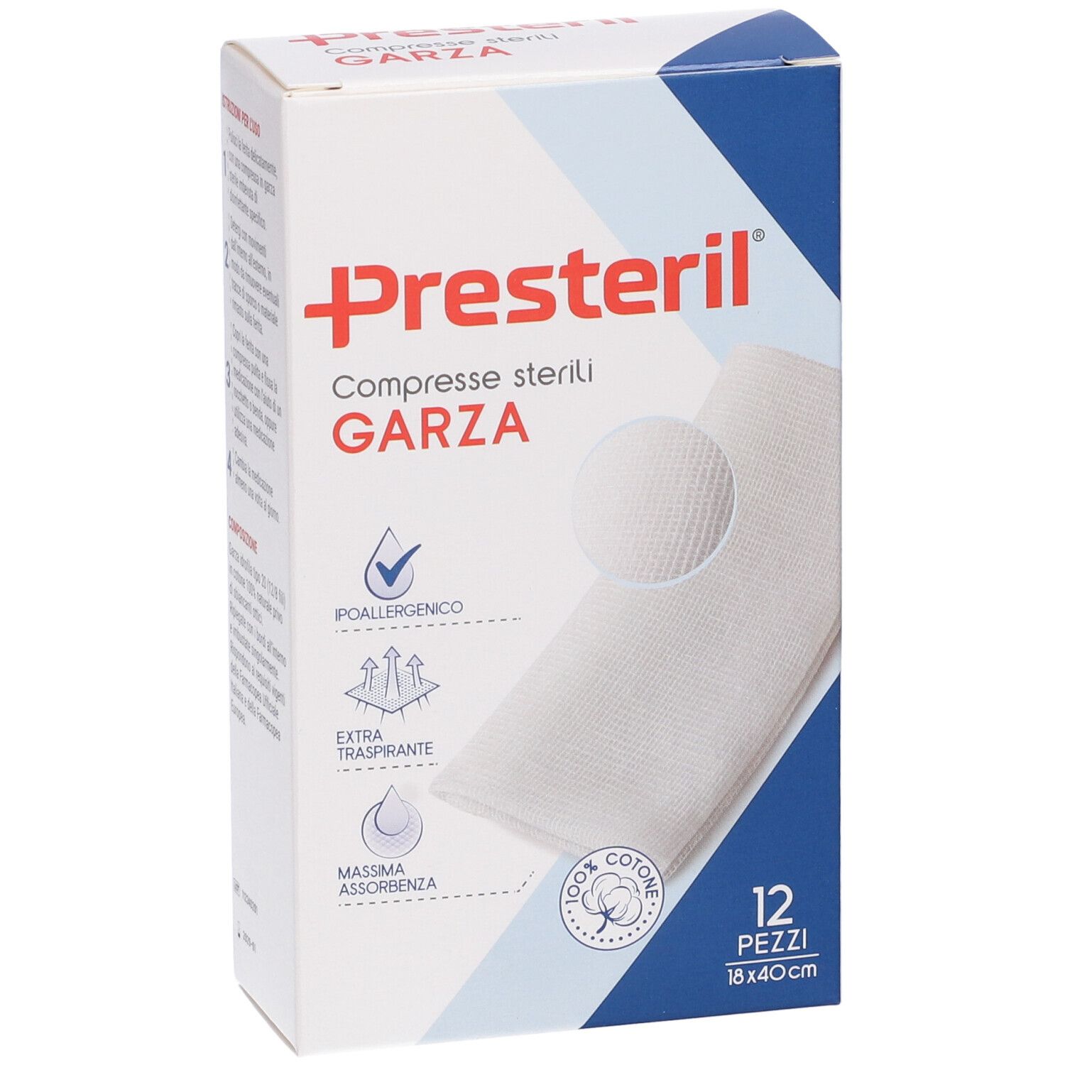 Presteril sterile gauze compresses, 12 pieces, 18x40cm. Hypoallergenic, extra breathable, highly absorbent.