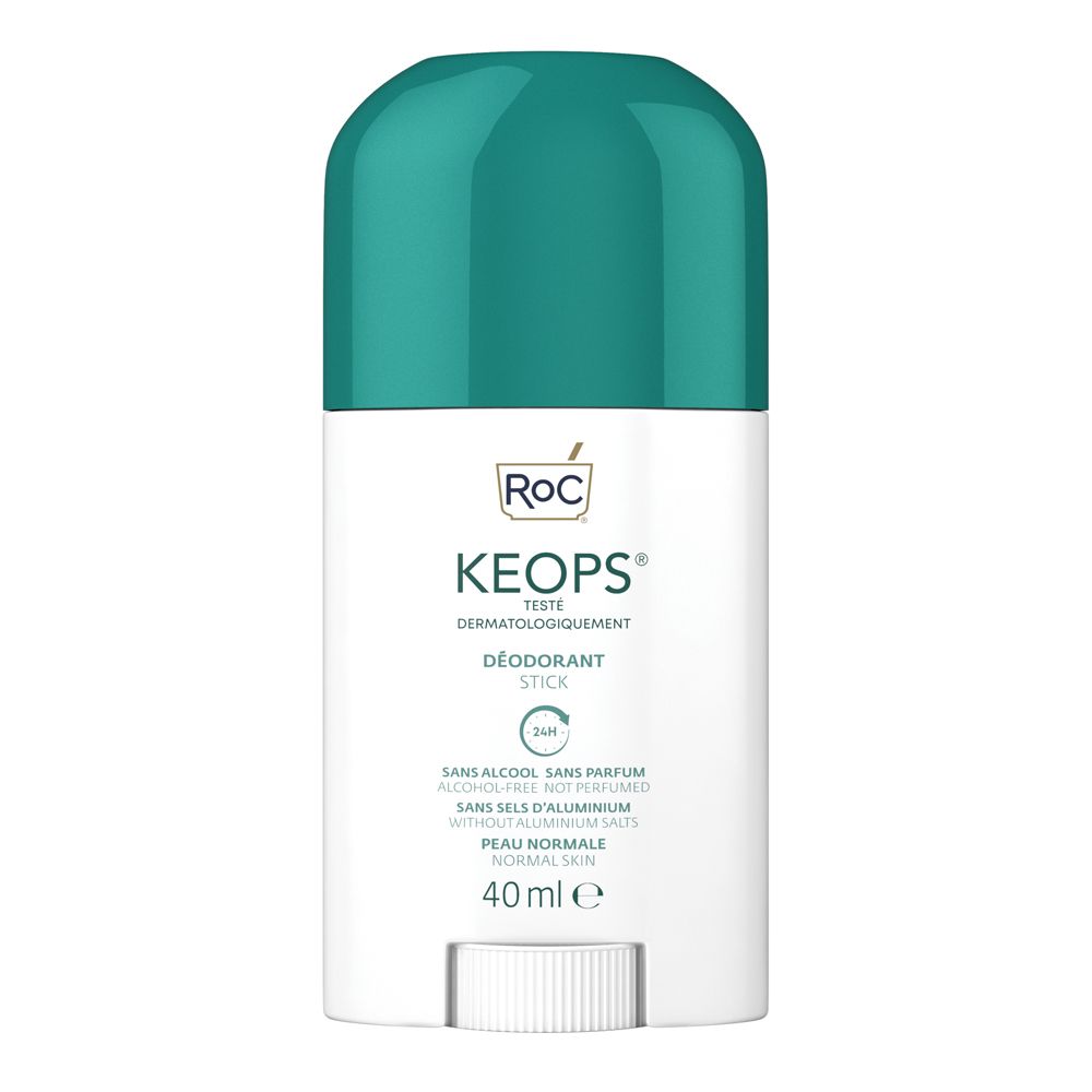 Deodorante stick bianco con tappo turchese. Scritta: Roc Keops, 24h, senza sali di alluminio, 40 ml.