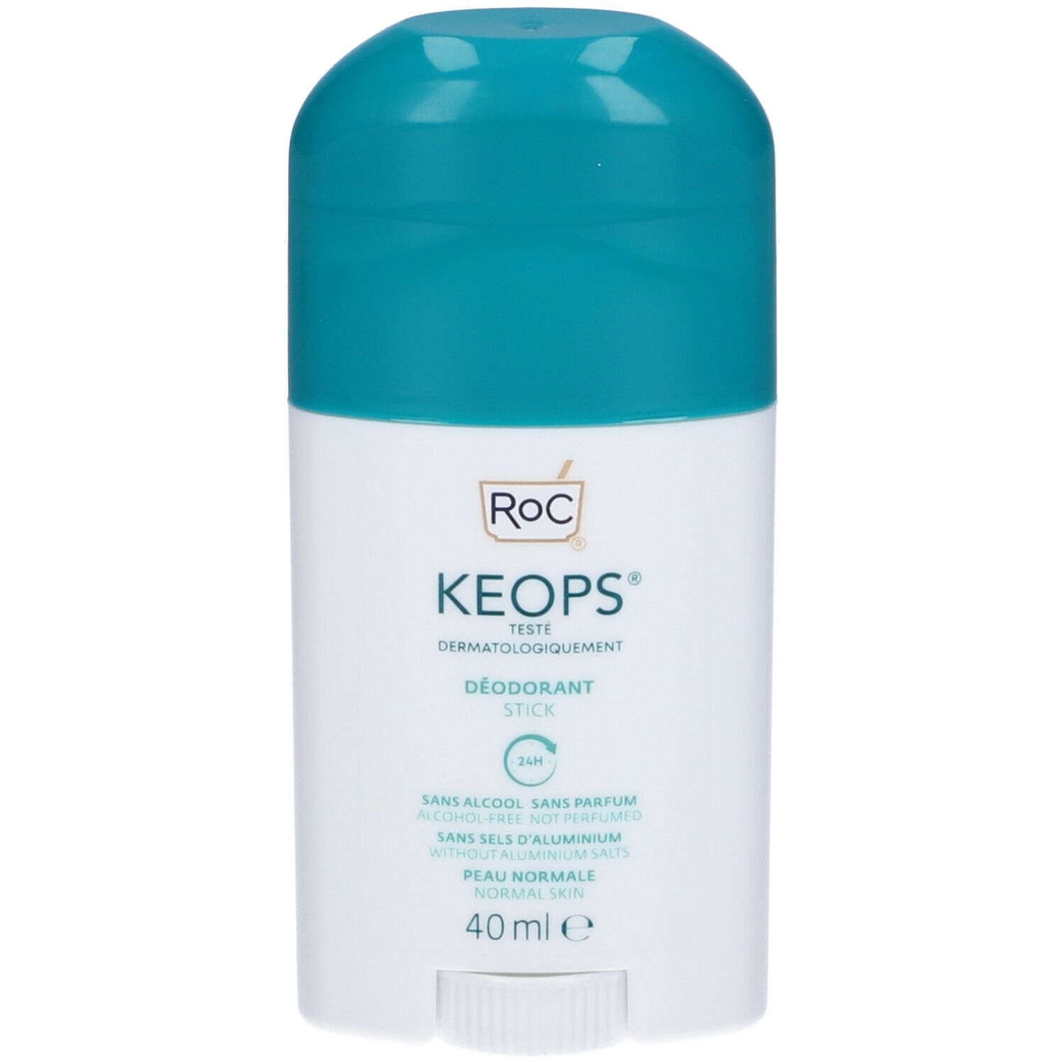 Deodorante stick bianco con tappo turchese. Scritta: Roc Keops, 24h, senza sali di alluminio, 40 ml.