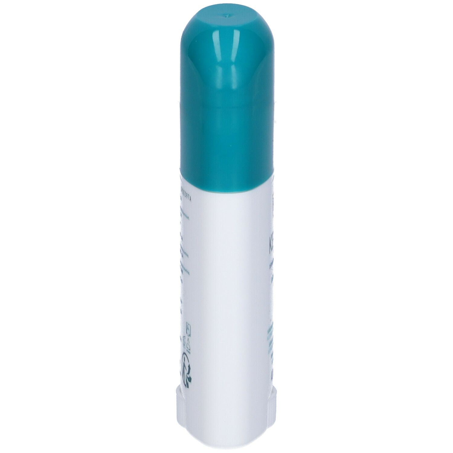 Deodorante stick bianco con tappo turchese. Scritta illeggibile. Vista laterale.