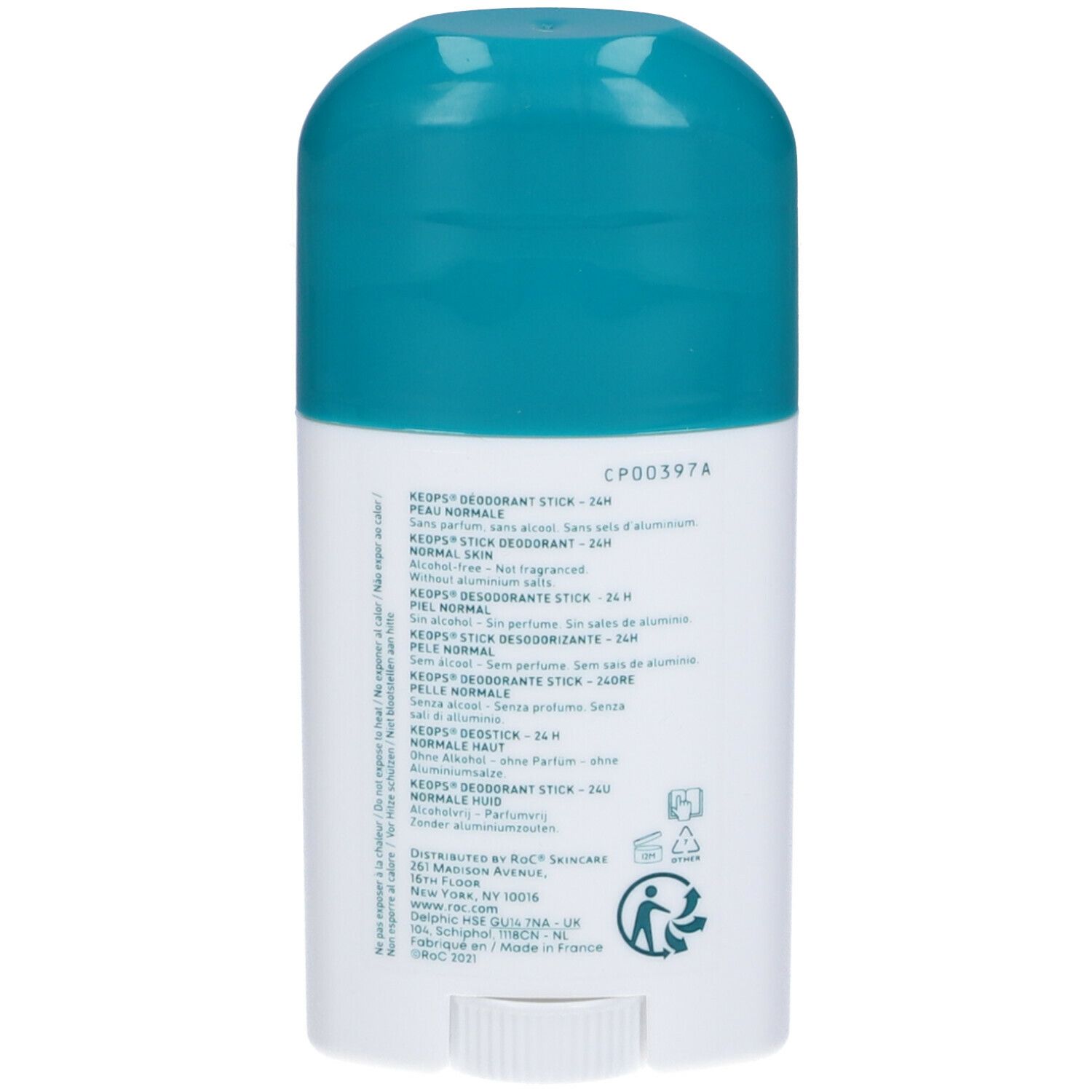 Retro dello stick deodorante. Superficie bianca con testo. Tappo turchese. Testo multilingue.