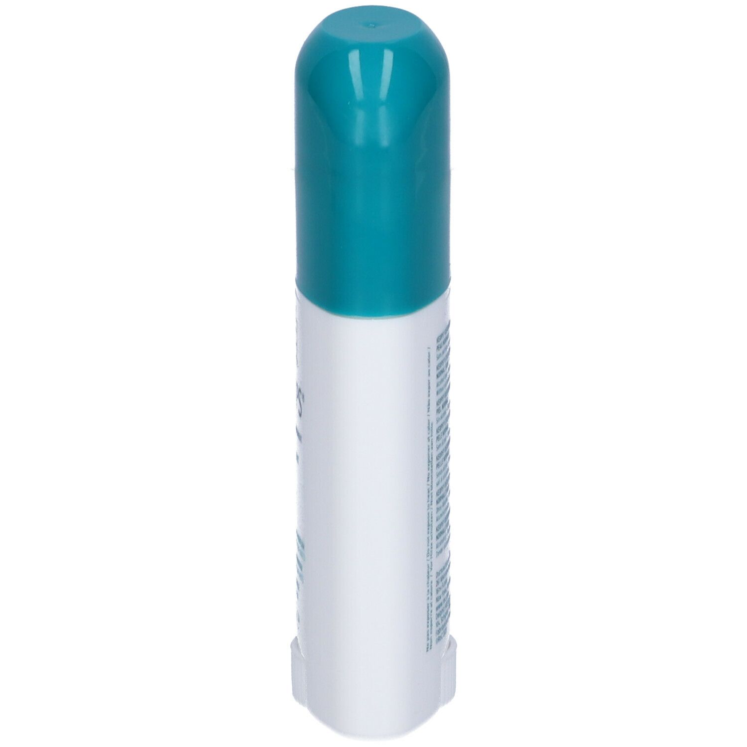 Deodorante stick bianco con tappo turchese. Scritta illeggibile. Vista laterale.