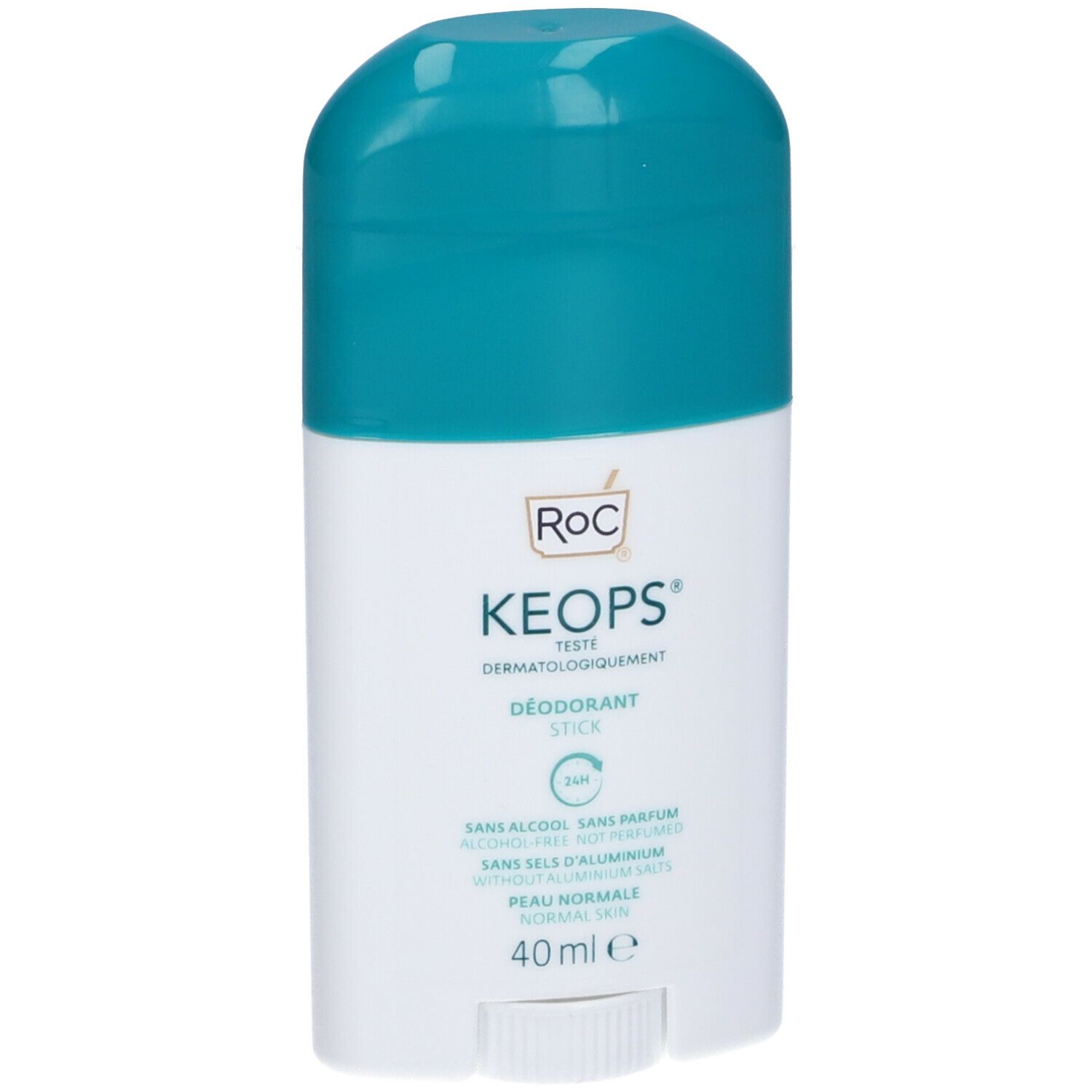 Deodorante stick bianco con tappo turchese. Scritta: Roc Keops, 24h, senza sali di alluminio, 40 ml.