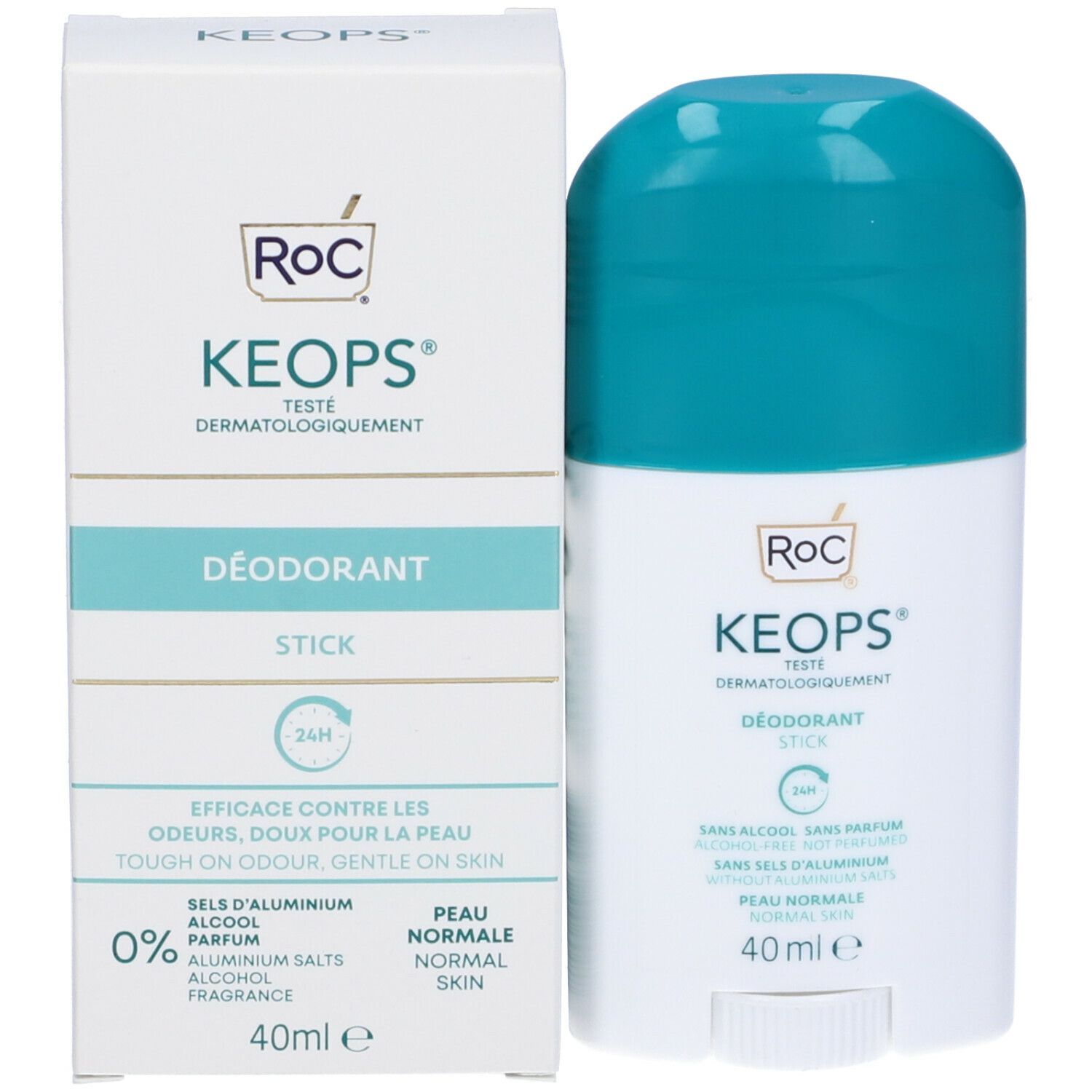 Deodorante stick e confezione. Bianco e turchese. Scritta: Roc Keops, 24h, senza sali di alluminio, 40 ml.