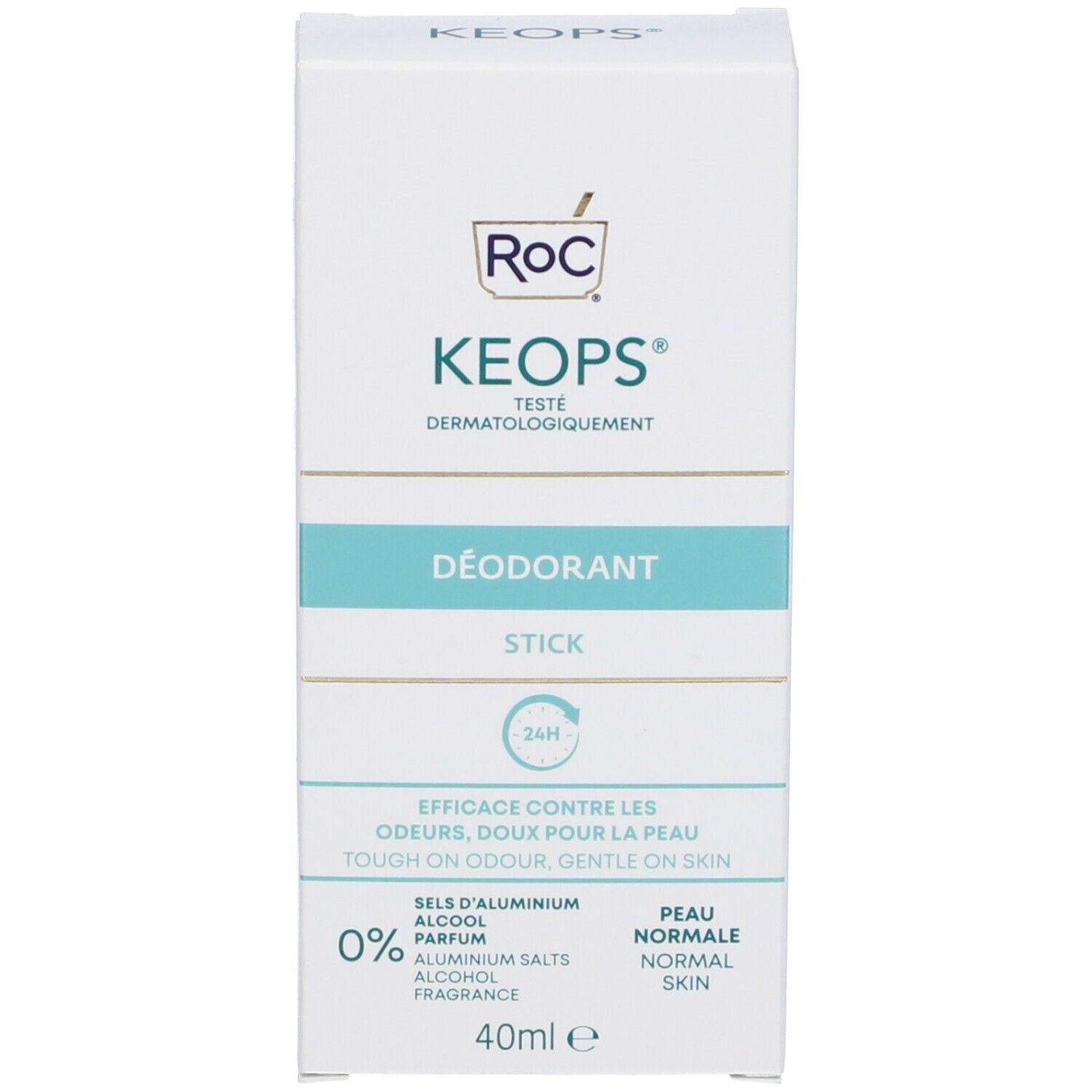 Confezione dello stick deodorante. Bianco e turchese. Scritta: Roc Keops, 24h, senza sali di alluminio, 40 ml.