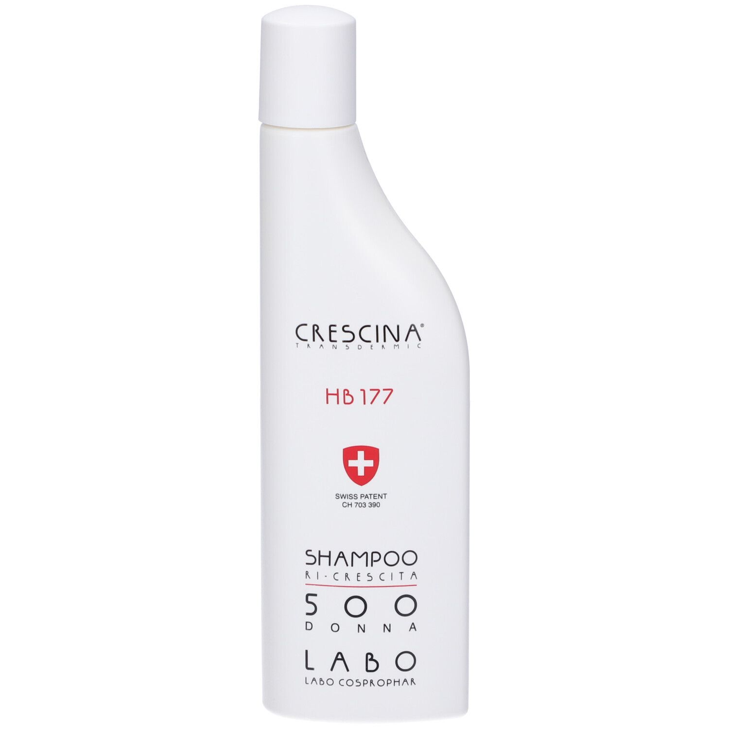 Flacone bianco di shampoo. Scritta rossa HB 177, croce svizzera. Testo: Shampoo Ri-Crescita 500 Donna. Labo.