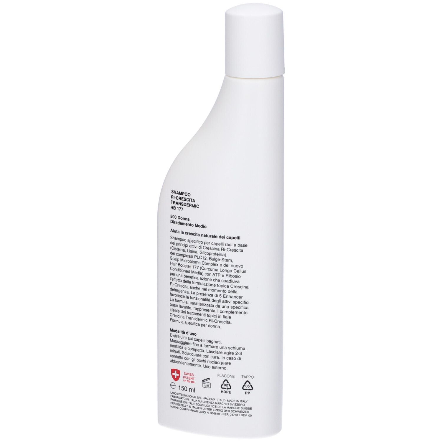 Retro del flacone di shampoo bianco. Testo in italiano. Croce svizzera e testo: Swiss Patent CH 705 390.