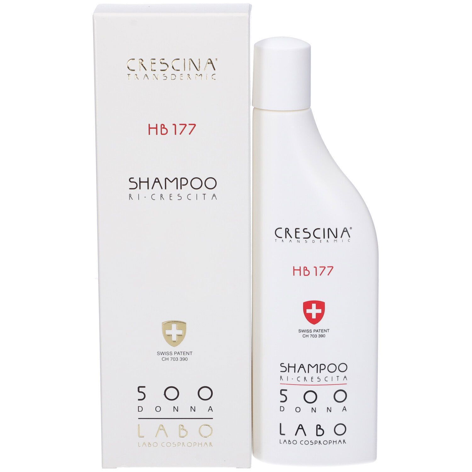 Scatola e flacone bianchi. Sulla scatola: HB 177, Shampoo Ri-Crescita, 500 Donna, Labo. Flacone: HB 177, Shampoo.