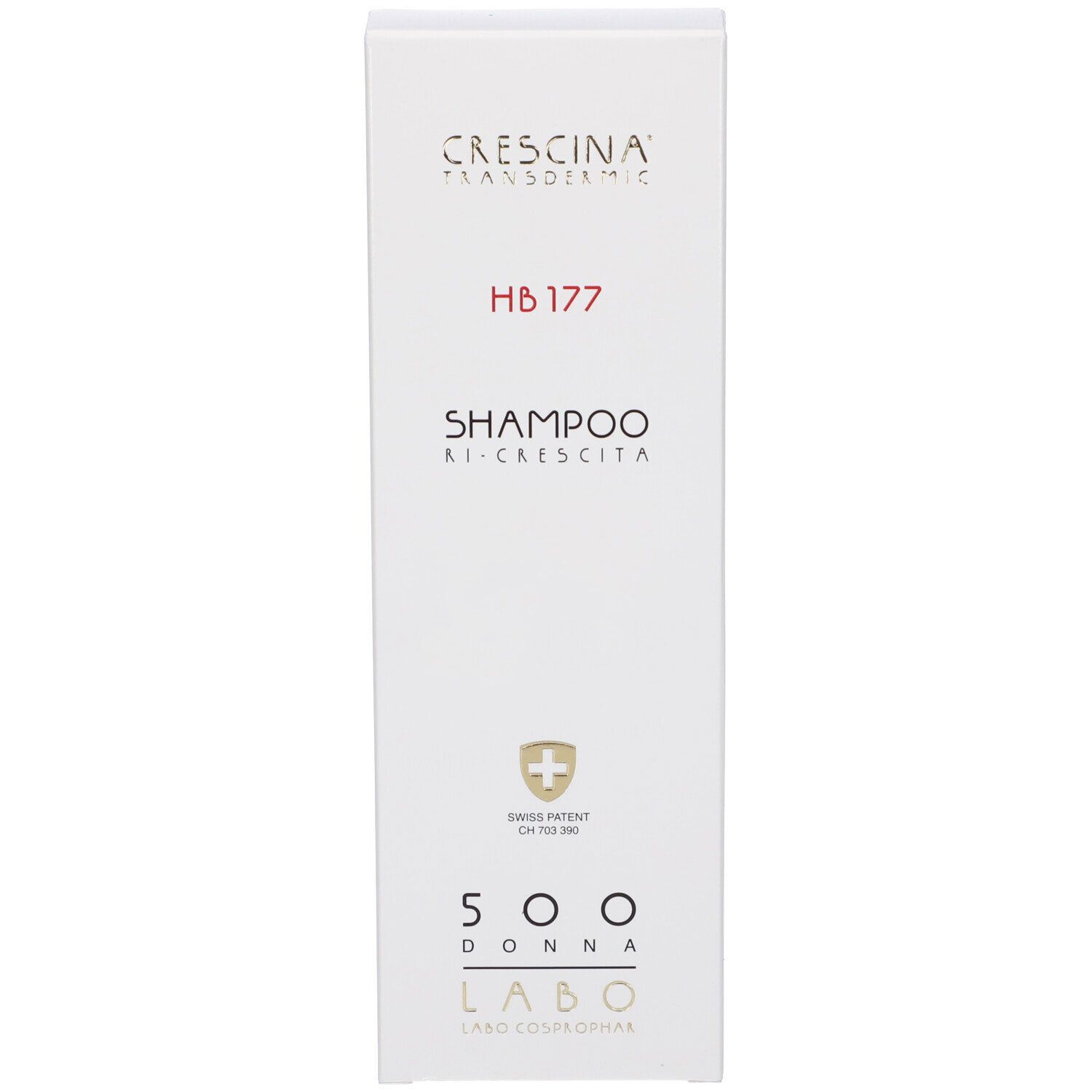 Scatola bianca con testo: HB 177, Shampoo Ri-Crescita, 500 Donna, Labo. Croce svizzera. Logo dorato.