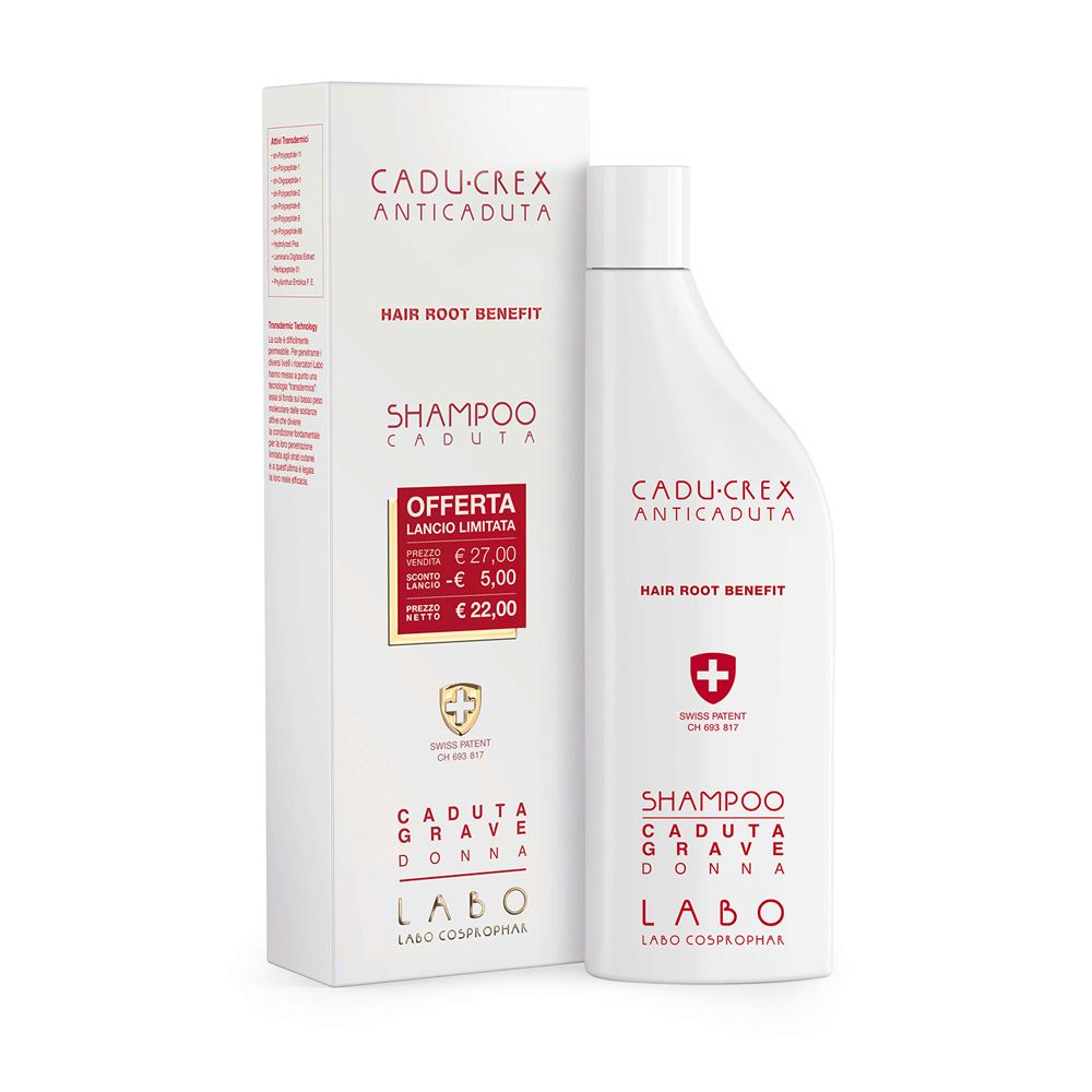 Shampoo bianco con testo rosso. Sulla confezione: "Cadu-Crex Anticaduta Hair Root Benefit Shampoo Caduta Grave Donna".