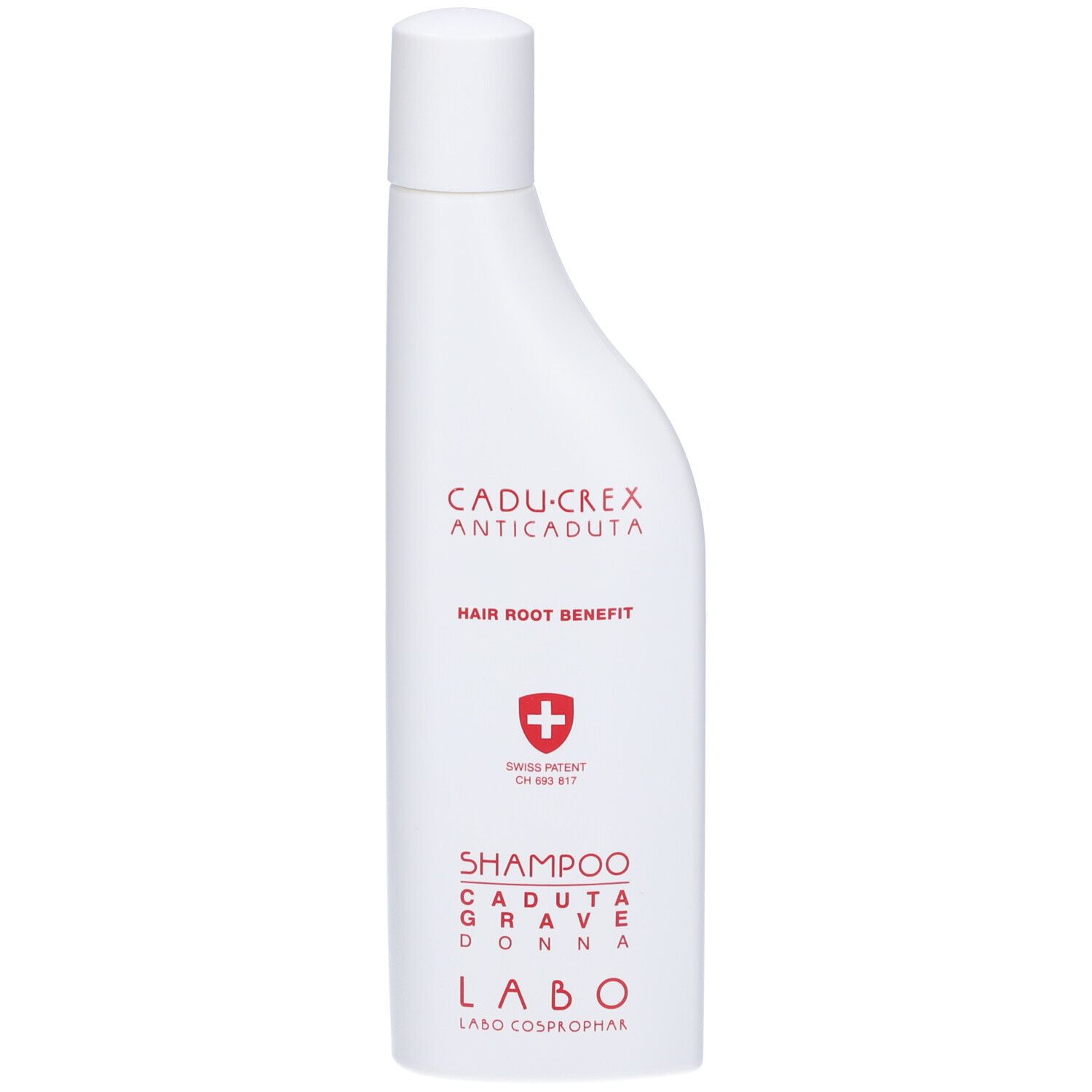 Shampoo bianco con testo rosso. Sulla bottiglia: "Cadu-Crex Anticaduta Hair Root Benefit Shampoo Caduta Grave Donna".