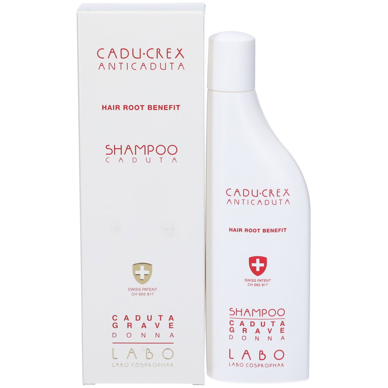 Shampoo bianco con testo rosso. Sulla confezione: "Cadu-Crex Anticaduta Hair Root Benefit Shampoo Caduta Grave Donna".