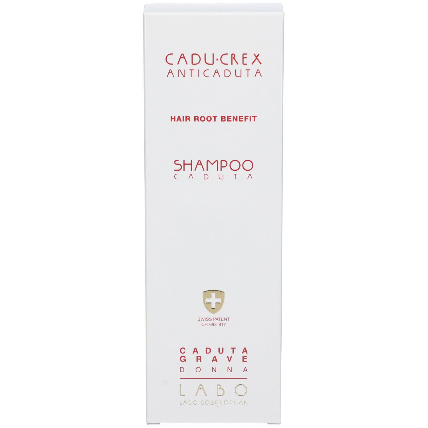 Confezione bianca con testo rosso. Sulla confezione: "Cadu-Crex Anticaduta Hair Root Benefit Shampoo Caduta Grave Donna".