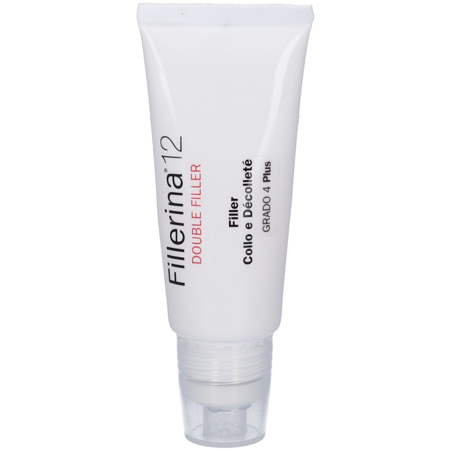 Tubo bianco Fillerina 12 Double Filler. Gel per collo e décolleté, Grado 4 Plus. Applicatore trasparente.