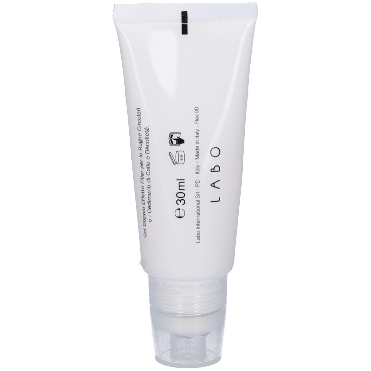 Tubo bianco Fillerina 12 Double Filler. Gel per collo e décolleté. Contiene 30ml.