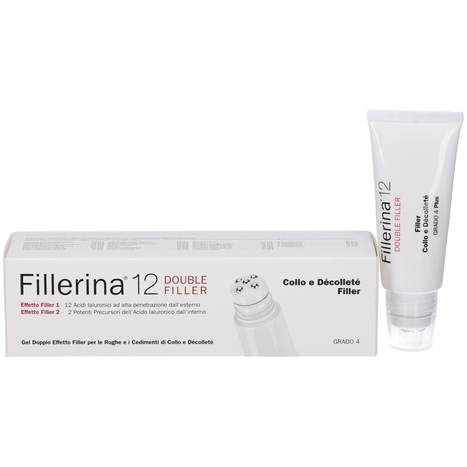 Confezione e tubo Fillerina 12 Double Filler. Gel per collo e décolleté, Grado 4. Con applicatore.