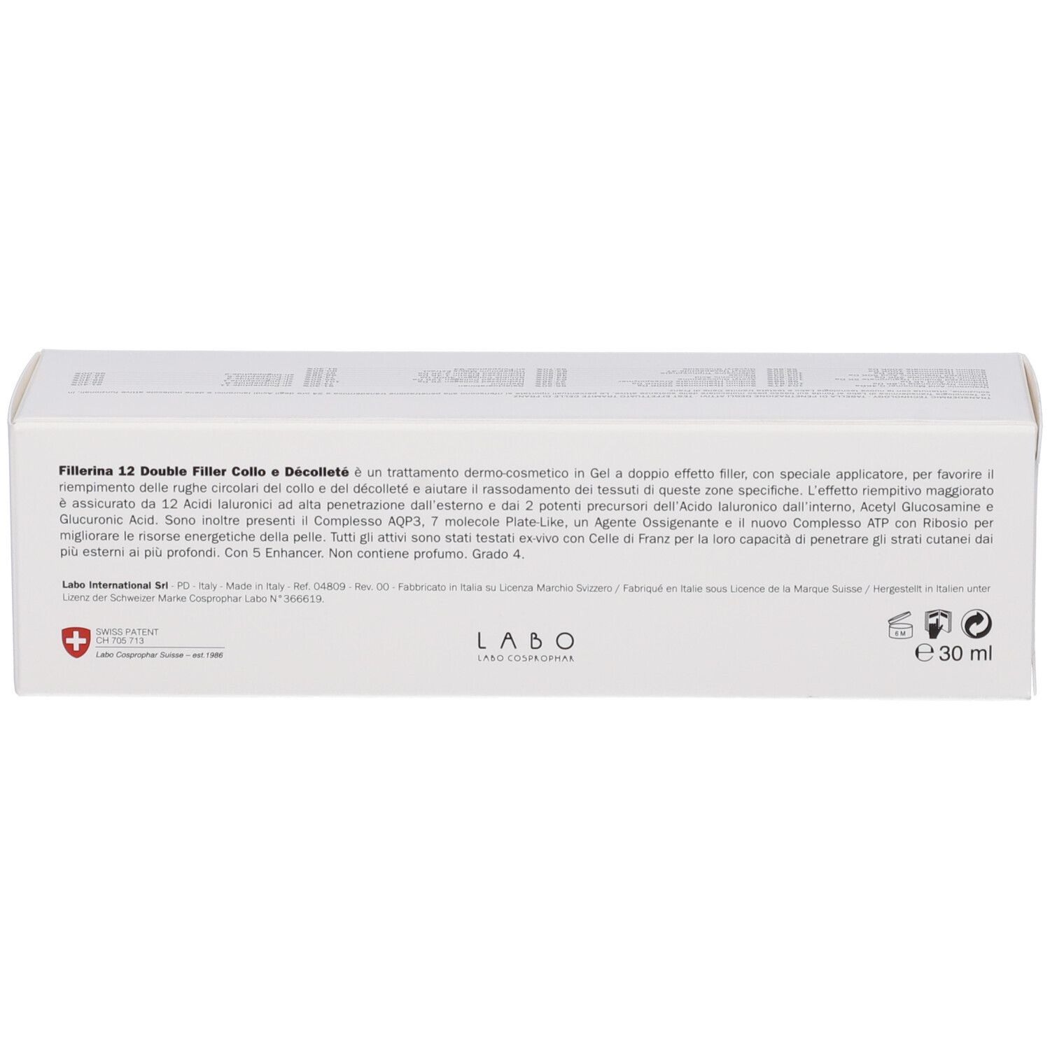 Retro della confezione Fillerina 12 Double Filler. Informazioni, ingredienti e logo.