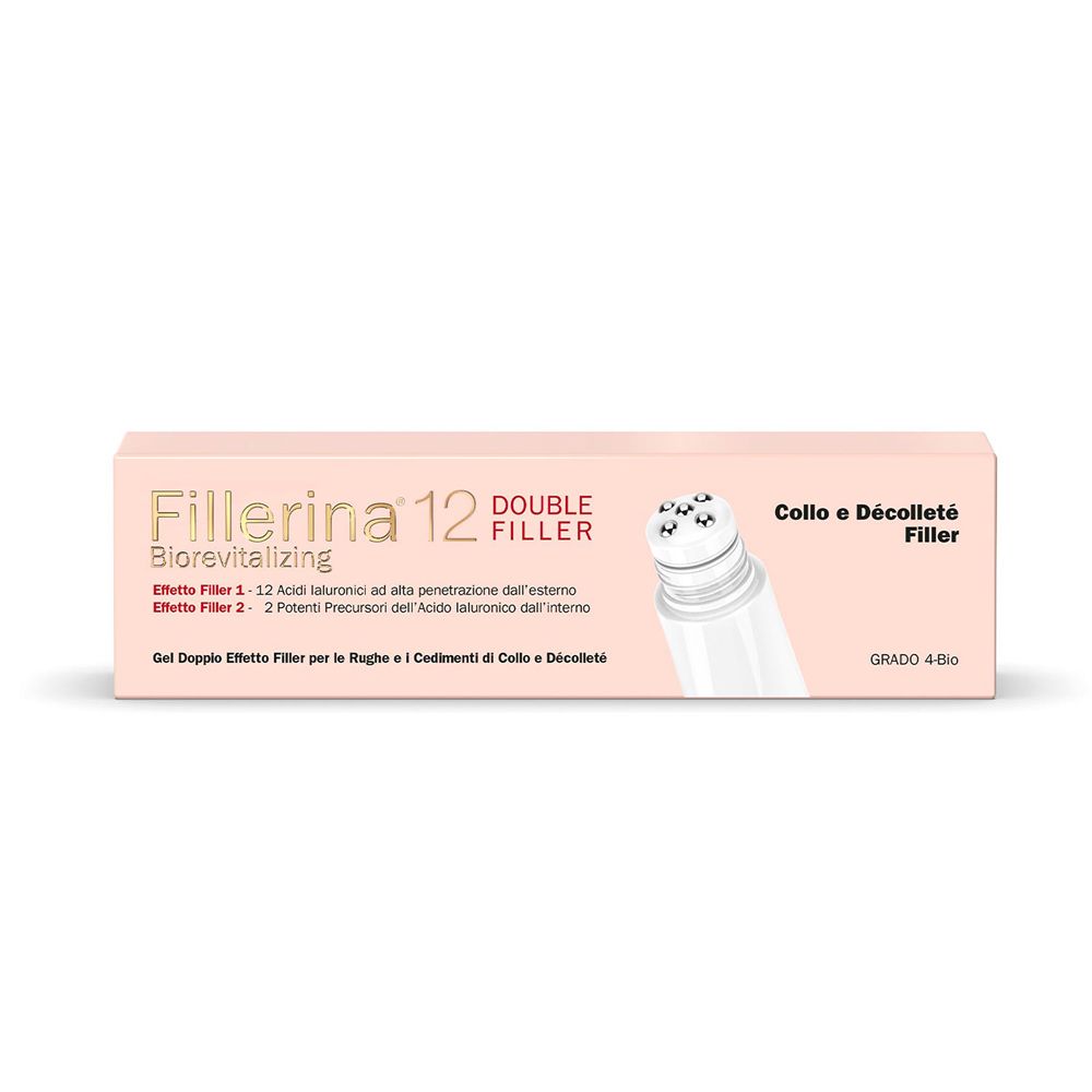 Confezione rosa con immagine prodotto e scritta Fillerina 12 Biorevitalizing Double Filler. Testo: Collo e Décolleté Filler.