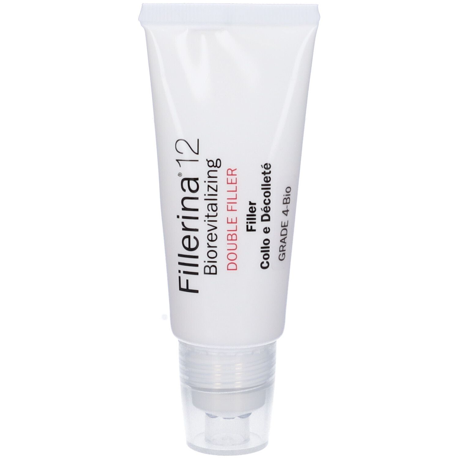 Tubo bianco con applicatore. Stampa: Fillerina 12 Biorevitalizing Double Filler, Filler Collo e Décolleté, Grade 4-Bio.