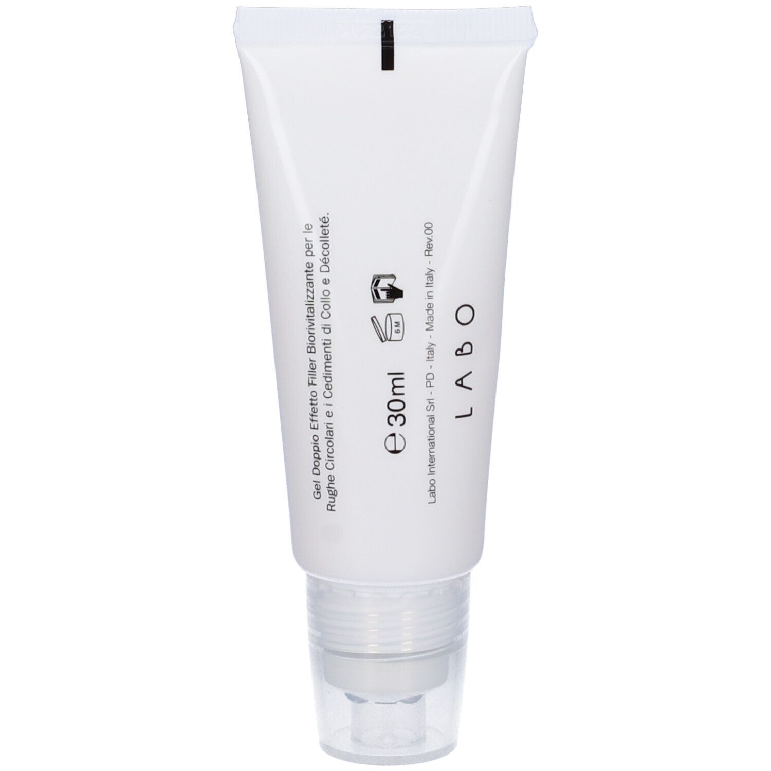 Tubo bianco con applicatore. Stampa: Gel Doppio Effetto Filler, 30ml, LABO. Made in Italy. Simbolo non tossico.