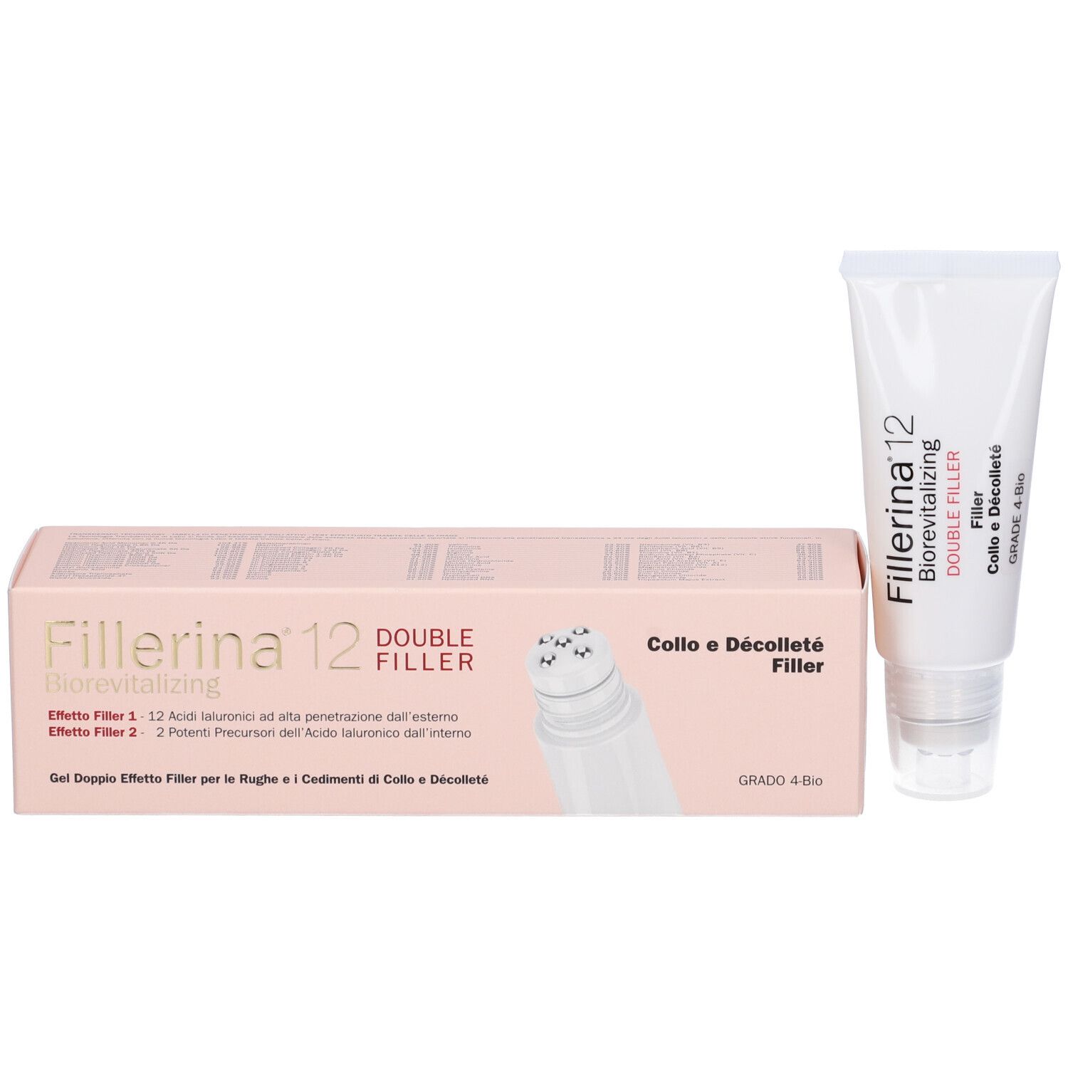 Confezione e tubo. Confezione: Fillerina 12 Biorevitalizing Double Filler. Tubo: Fillerina 12, Filler Collo e Décolleté.
