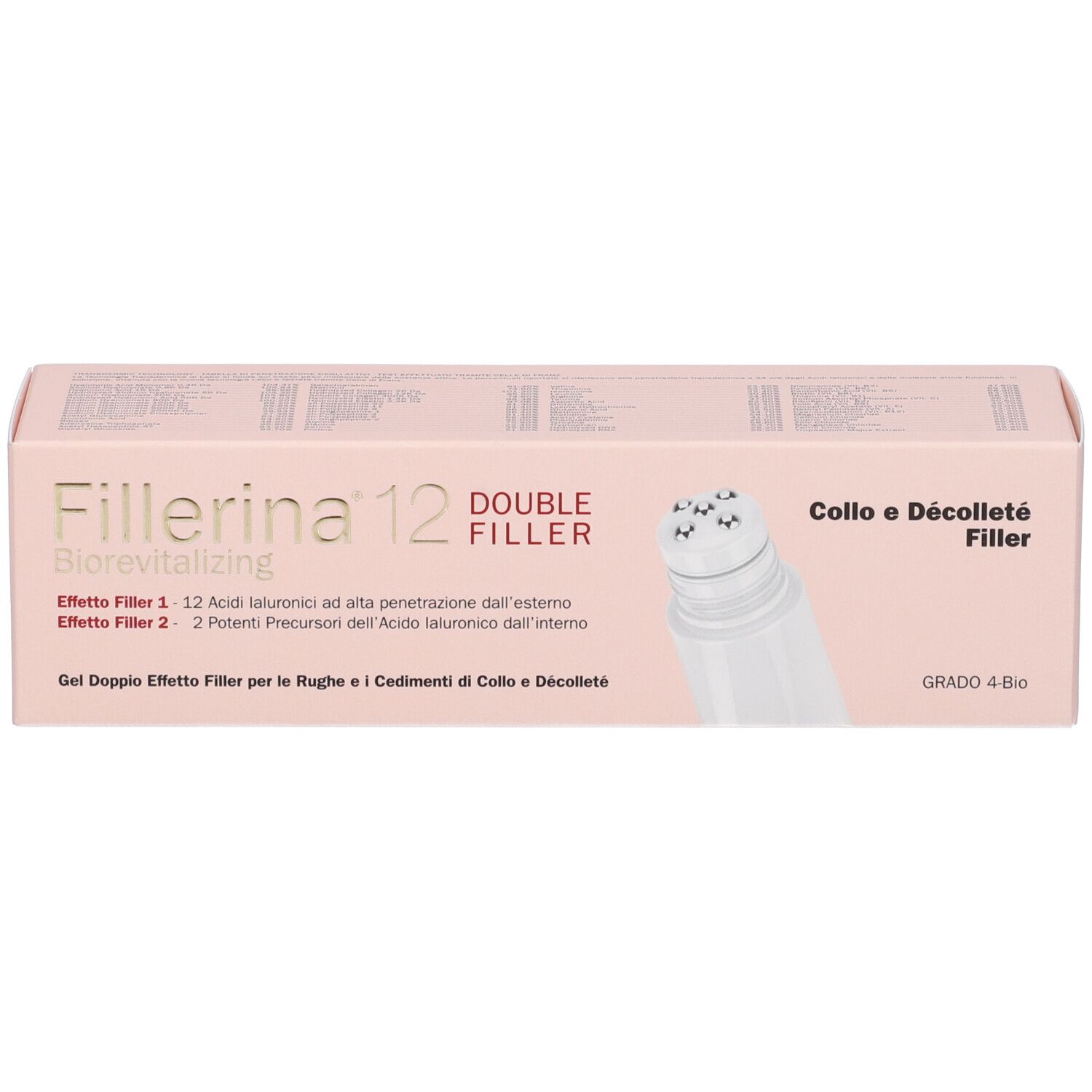 Confezione rosa con scritta Fillerina 12 Biorevitalizing Double Filler. Testo: Collo e Décolleté Filler, Grade 4-Bio.