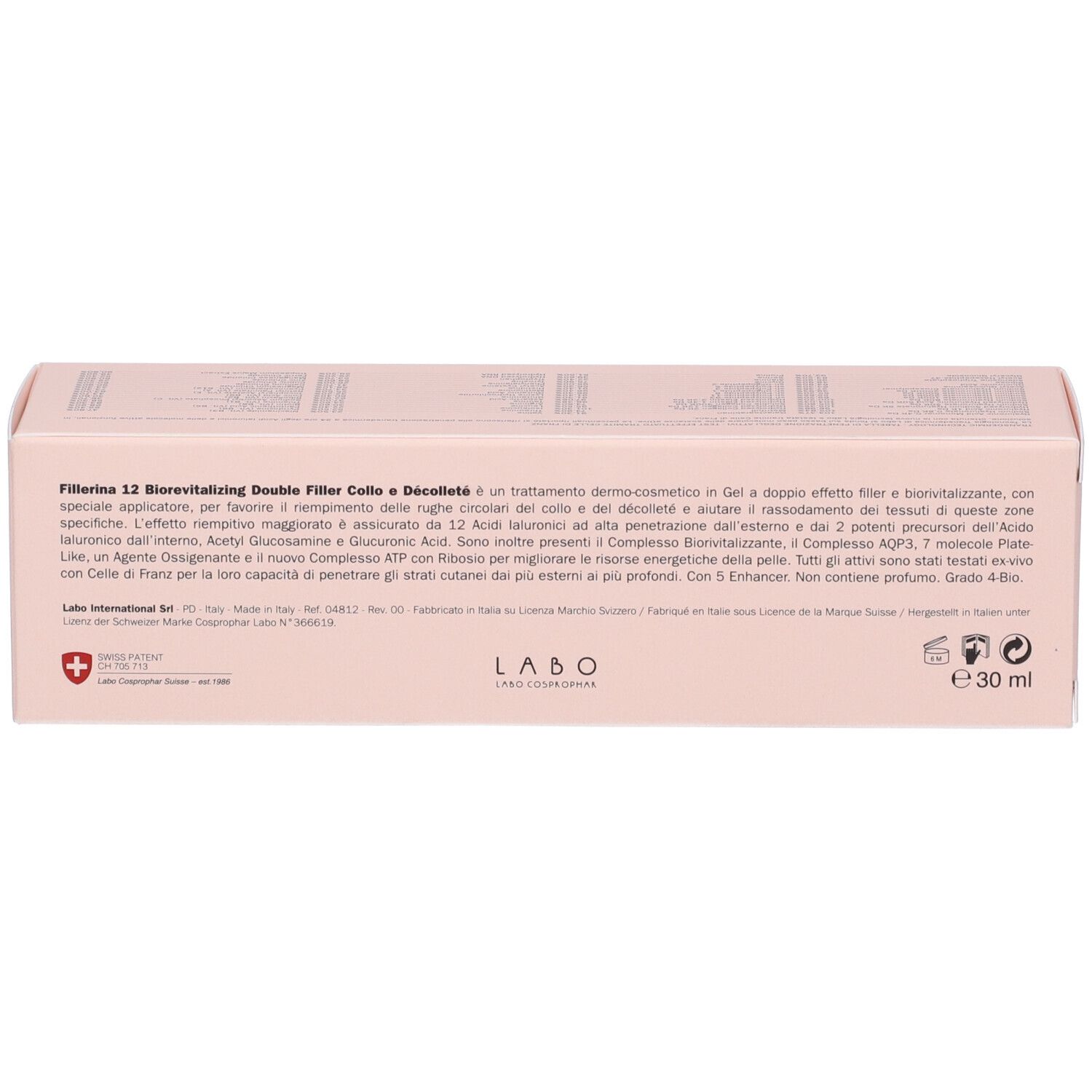 Retro della confezione rosa. Testo: informazioni prodotto, ingredienti, informazioni produttore, 30 ml.