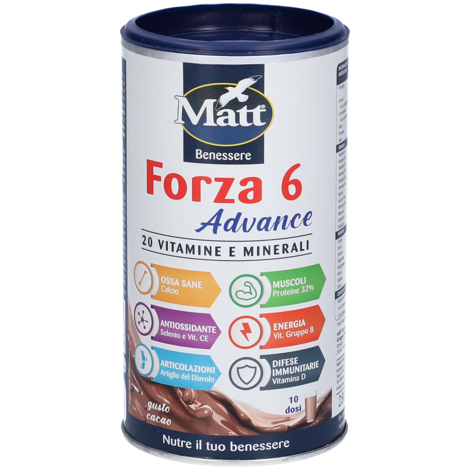 Barattolo Matt Forza 6 Advance, 20 vitamine e minerali. Gusto cacao. Scritte: Ossa sane, Muscoli, Energia, Difese immunitarie.
