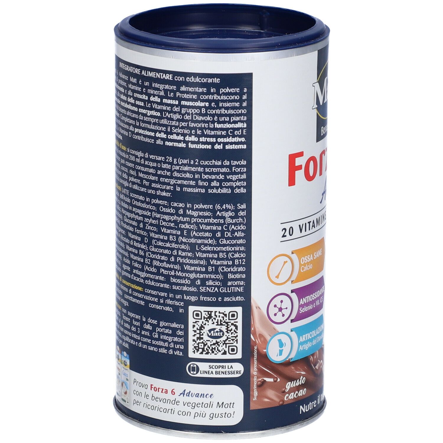 Barattolo Matt Forza 6 Advance. Retro con testo e codice QR. Elenco ingredienti, informazioni nutrizionali e istruzioni per l'uso.