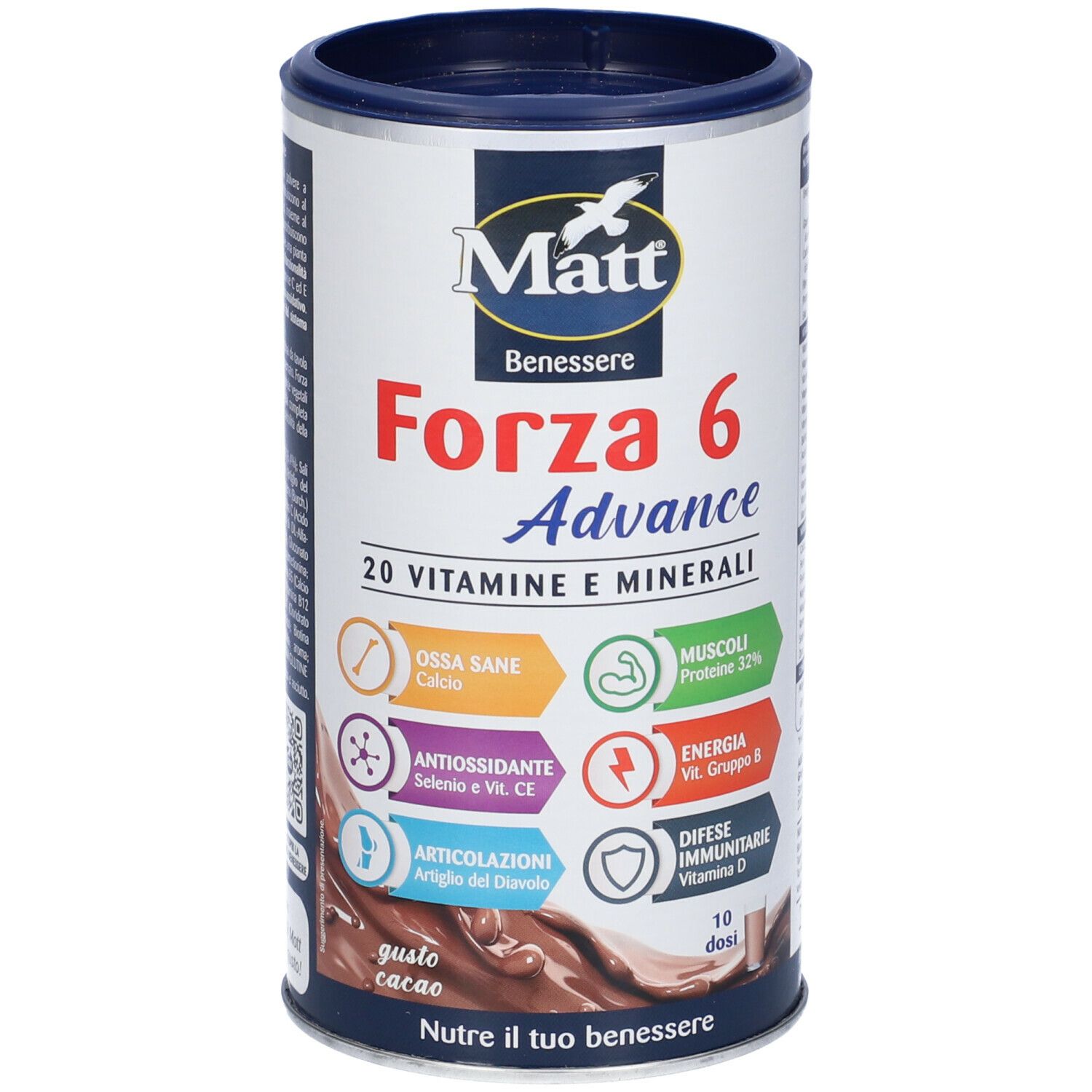 Barattolo Matt Forza 6 Advance, 20 vitamine e minerali. Gusto cacao. Scritte: Ossa sane, Muscoli, Energia, Difese immunitarie.