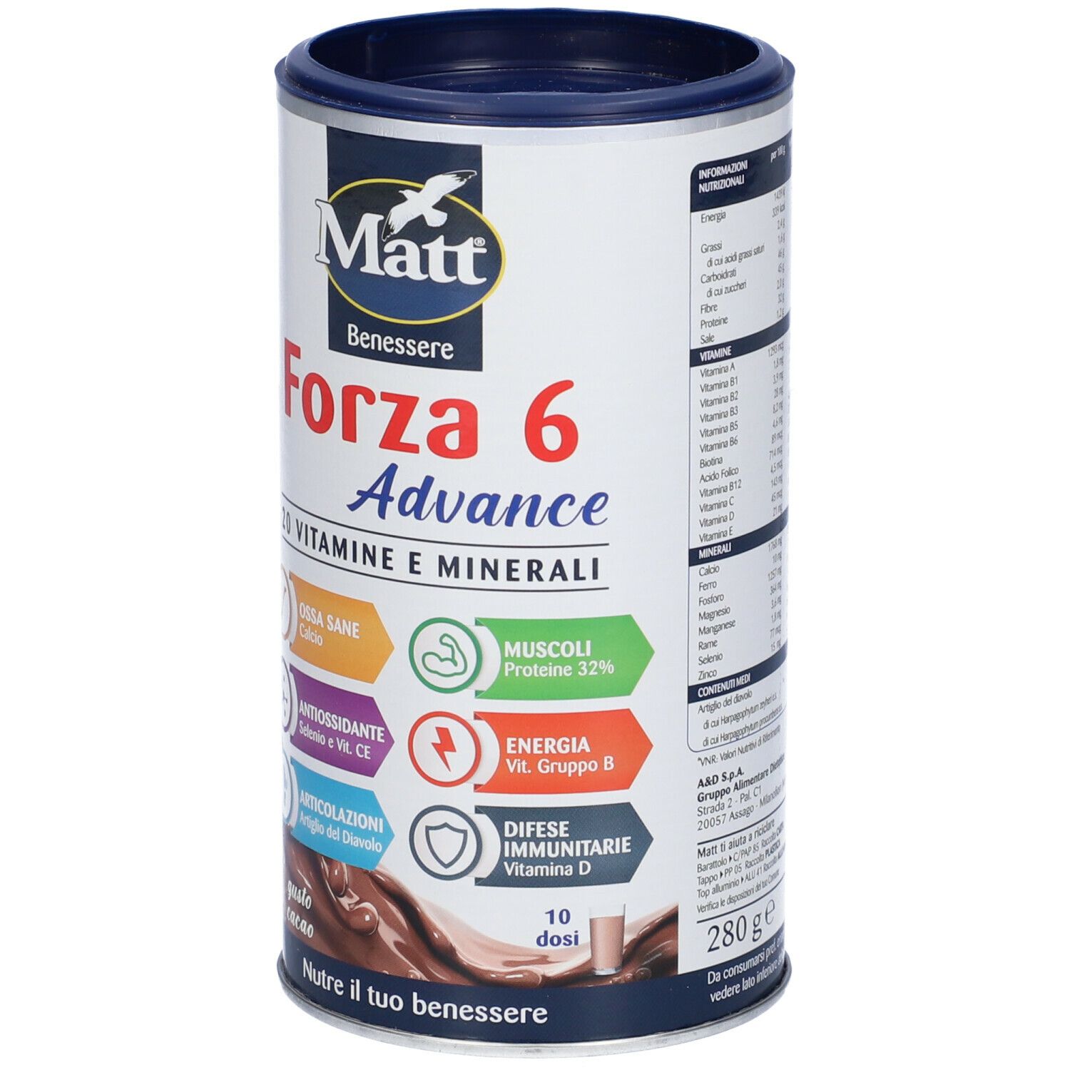 Barattolo Matt Forza 6 Advance, 20 vitamine e minerali. Gusto cacao. Scritte: Ossa sane, Muscoli, Energia, Difese immunitarie. 10 dosi.