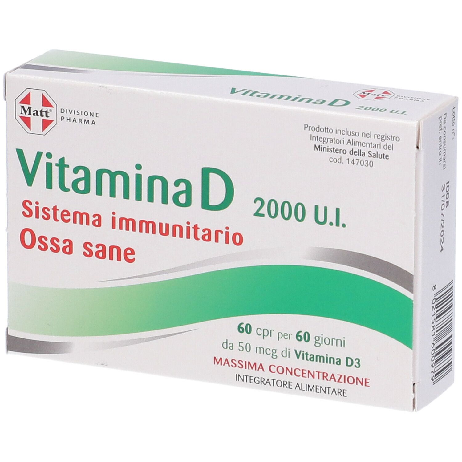 Verpackung von Vitamin D. Aufschrift: 'Vitamina D', 'Sistema immunitario', 'Ossa sane', '2000 U.I.' und 'Matt Pharma Division'.