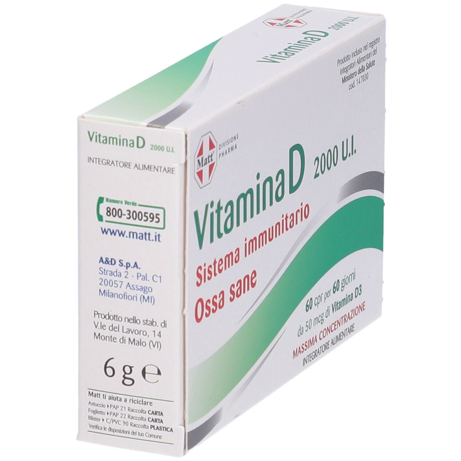 Verpackung von Vitamin D. Aufschrift: 'Vitamina D', 'Sistema immunitario', 'Ossa sane', '2000 U.I.' und 'Matt Pharma Division'.