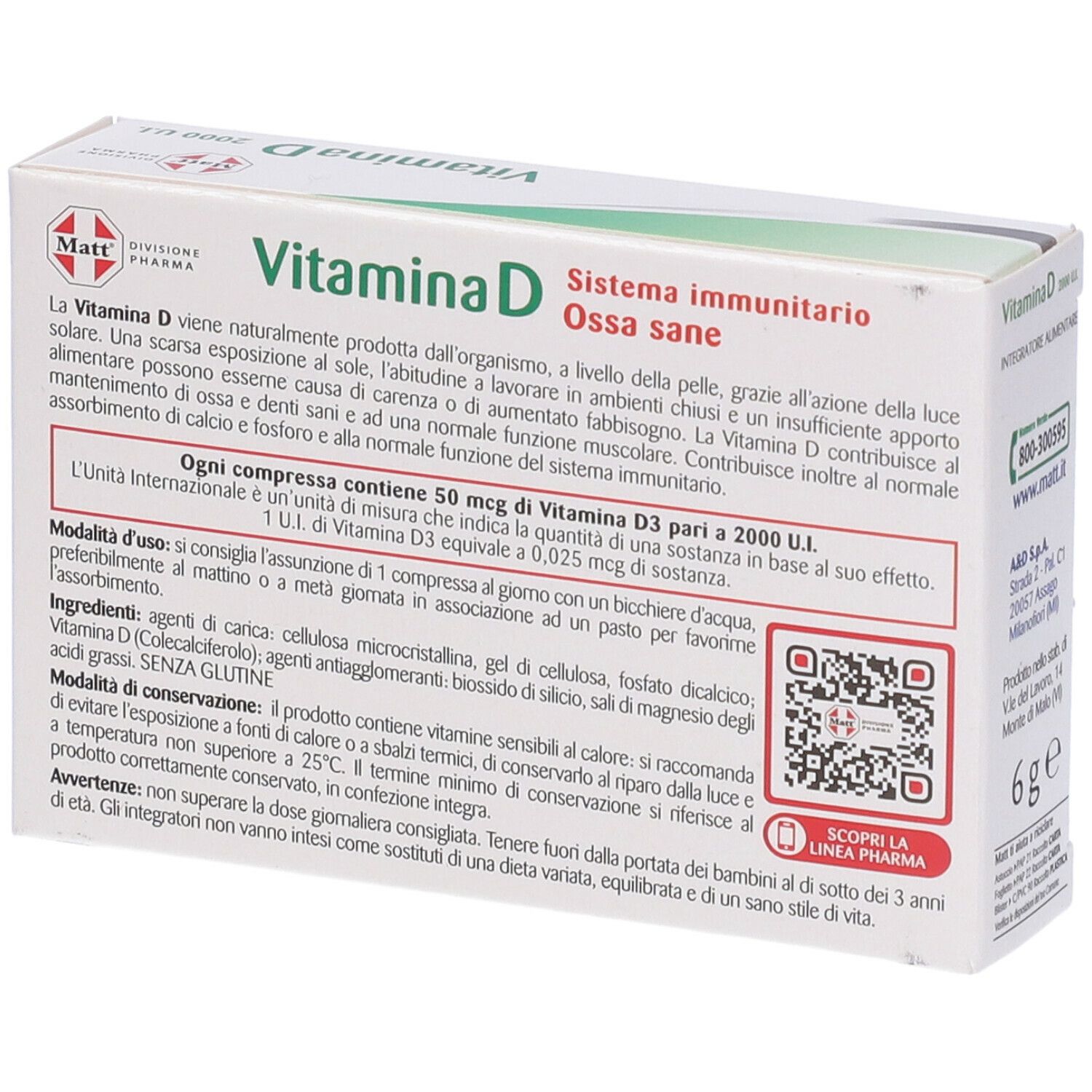 Rückseite der Vitamin D Verpackung. Text: 'Vitamina D', 'Sistema immunitario', 'Ossa sane'. Enthält Informationen und QR-Code.