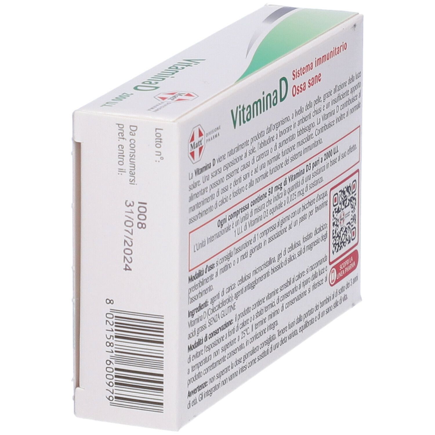Rückseite der Vitamin D Verpackung. Text: 'Vitamina D', 'Sistema immunitario', 'Ossa sane'. Enthält Informationen und QR-Code.