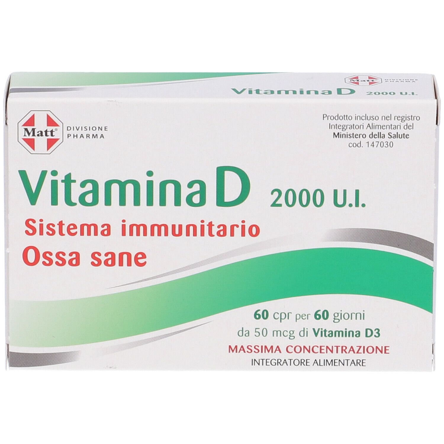Verpackung von Vitamin D. Aufschrift: 'Vitamina D', 'Sistema immunitario', 'Ossa sane', '2000 U.I.' und 'Matt Pharma Division'.
