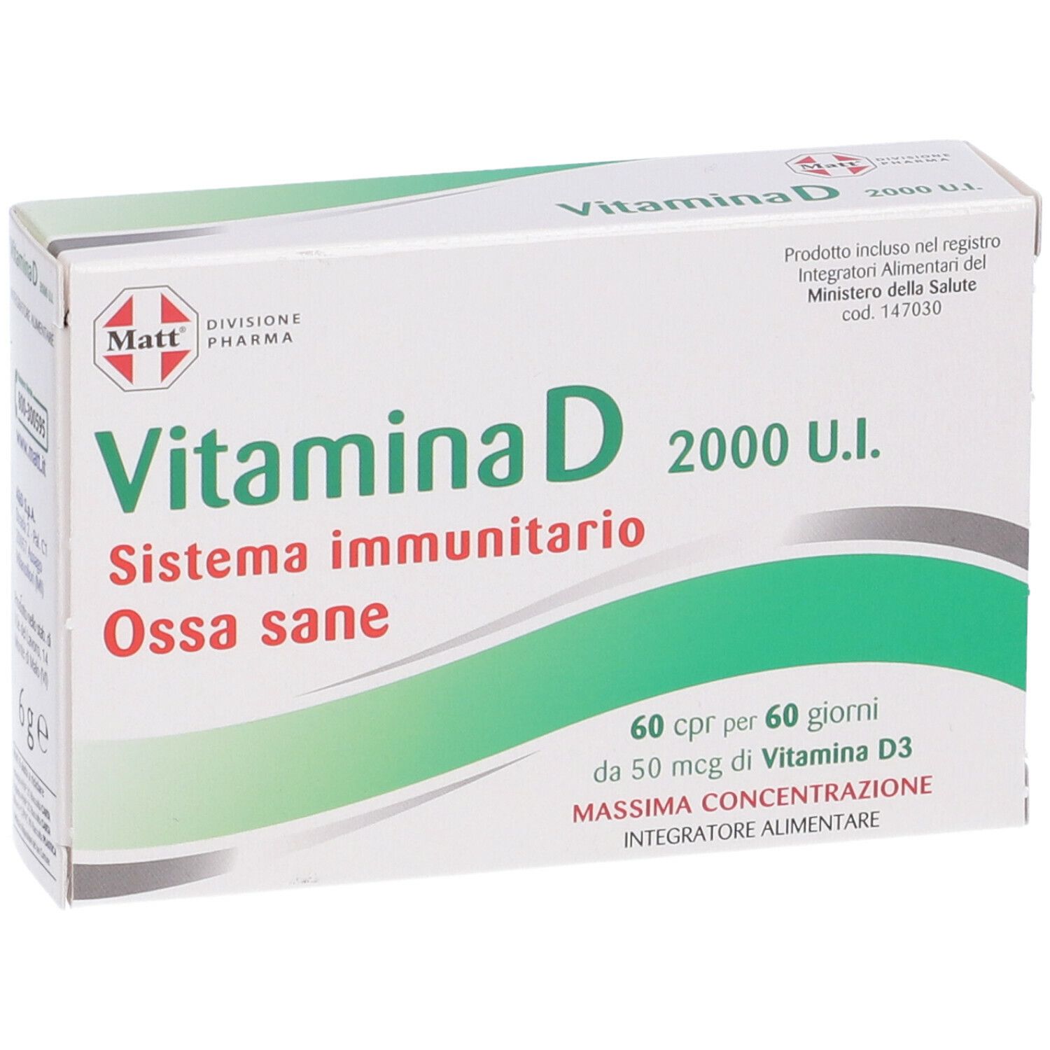 Verpackung von Vitamin D. Aufschrift: 'Vitamina D', 'Sistema immunitario', 'Ossa sane', '2000 U.I.' und 'Matt Pharma Division'.
